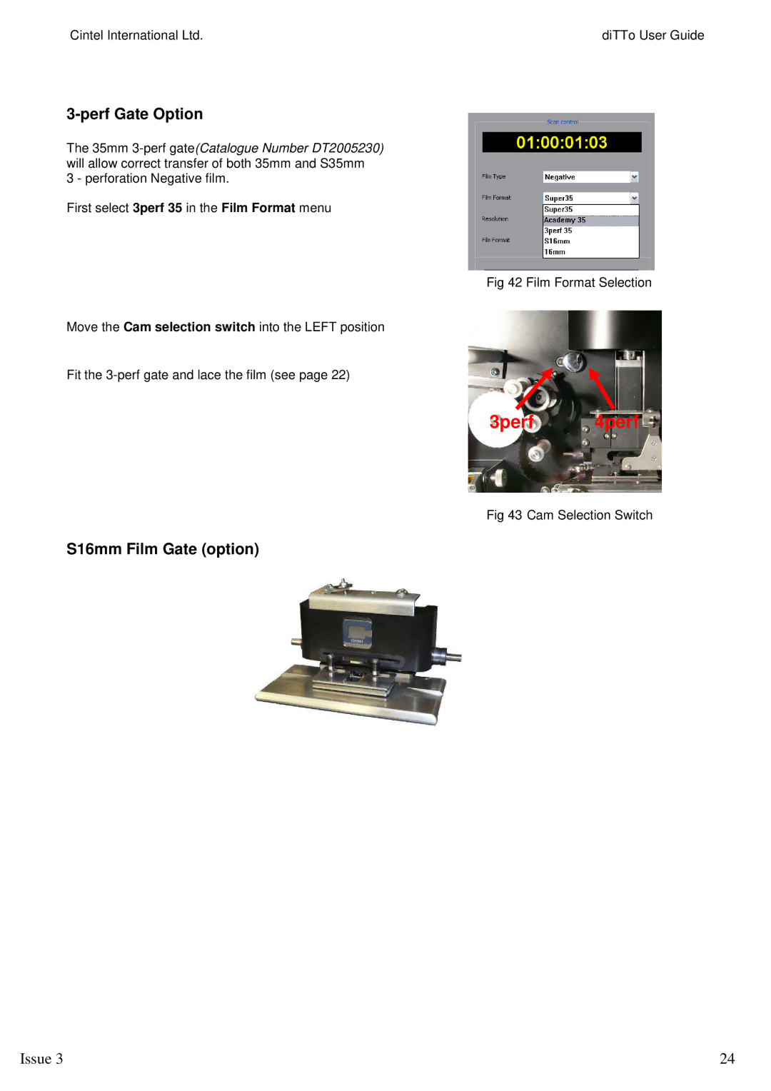 Kodak 3 manual Perf Gate Option, S16mm Film Gate option 