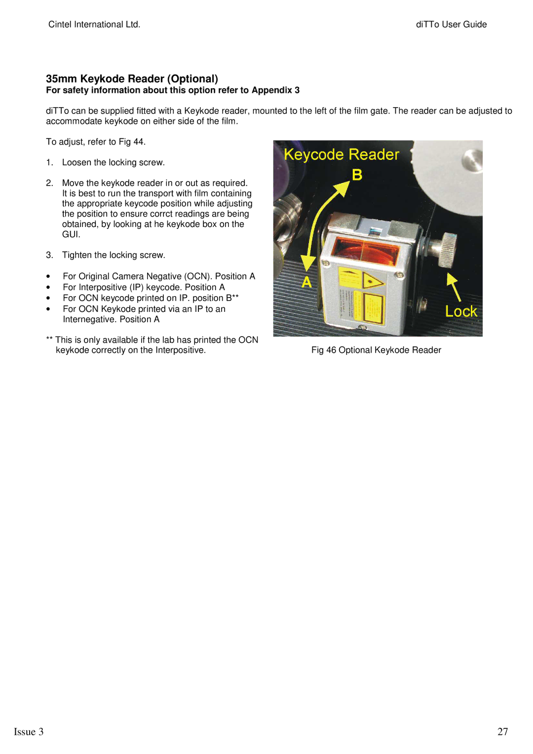 Kodak manual 35mm Keykode Reader Optional, For safety information about this option refer to Appendix 