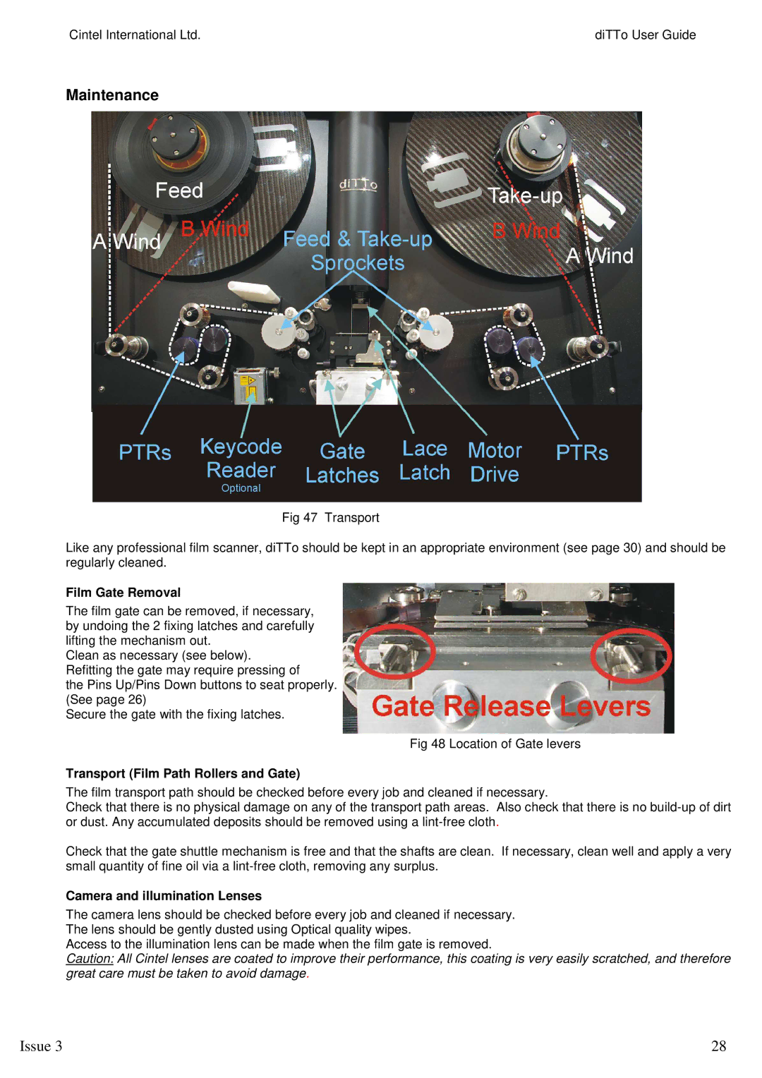 Kodak 3 manual Maintenance, Film Gate Removal, Transport Film Path Rollers and Gate, Camera and illumination Lenses 