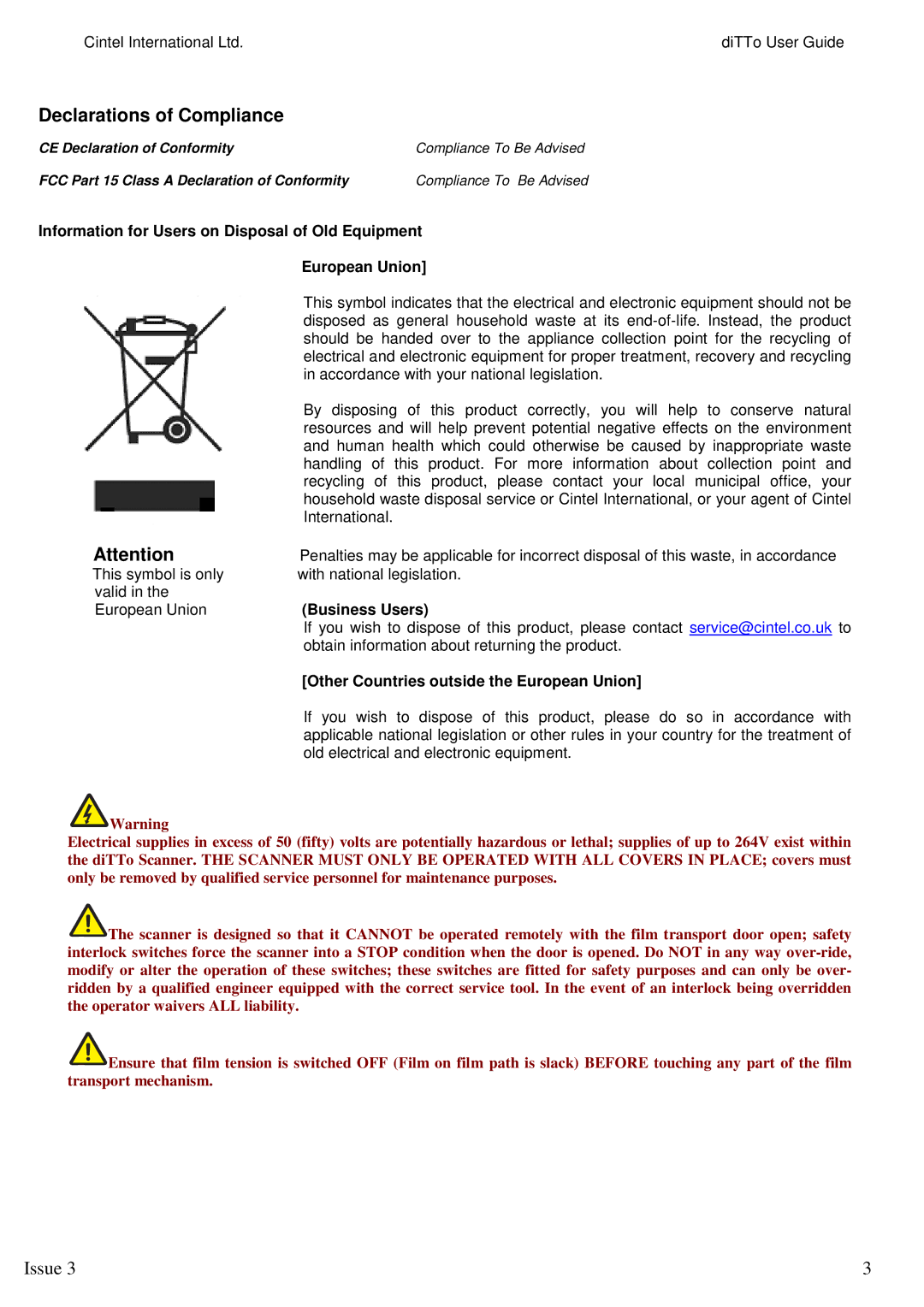 Kodak 3 manual Declarations of Compliance, Business Users, Other Countries outside the European Union 