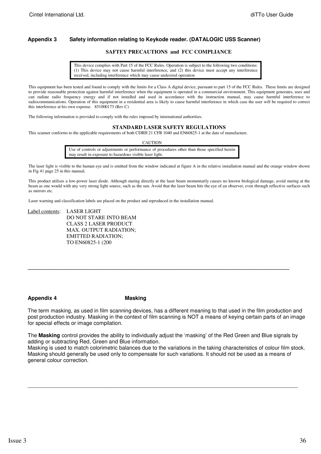 Kodak 3 manual Saftey Precautions and FCC Compliance, Appendix Masking 