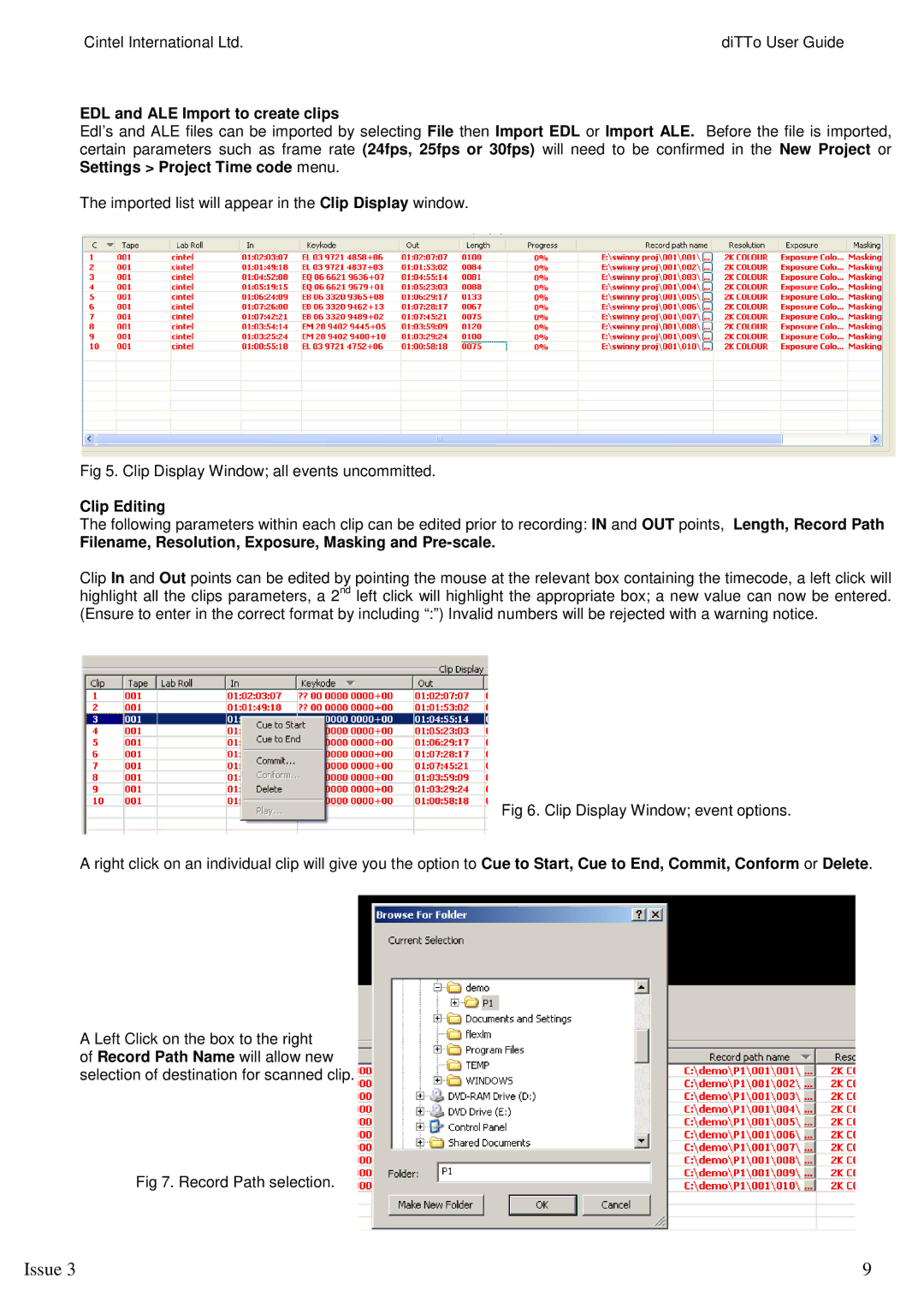 Kodak 3 manual EDL and ALE Import to create clips, Clip Editing, Filename, Resolution, Exposure, Masking and Pre-scale 