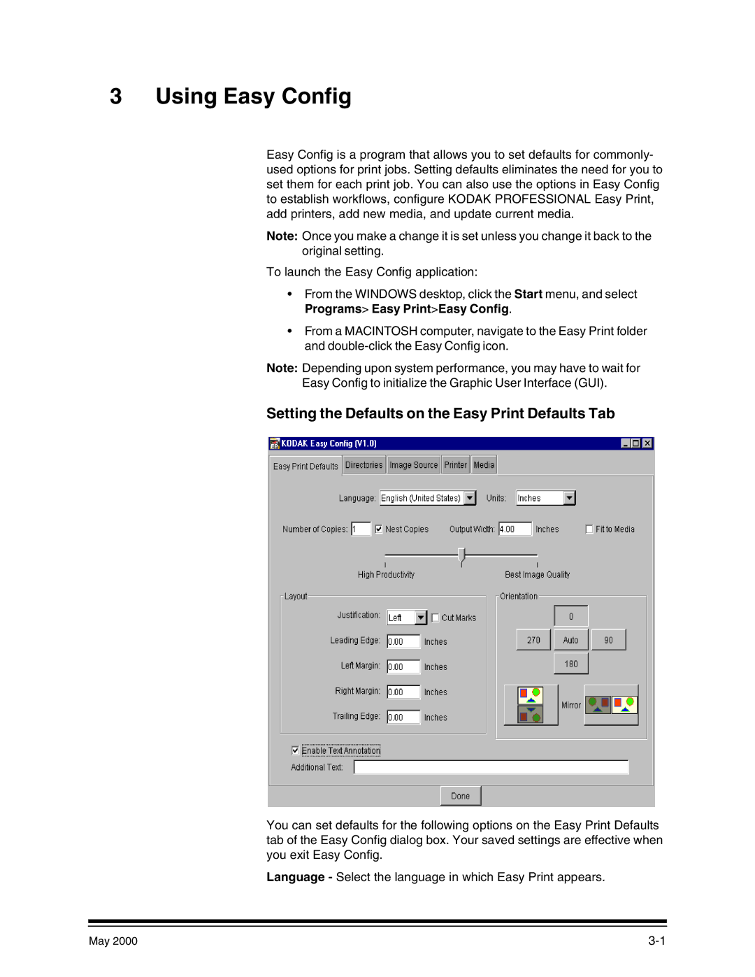 Kodak 3000 manual Using Easy Config, Setting the Defaults on the Easy Print Defaults Tab 