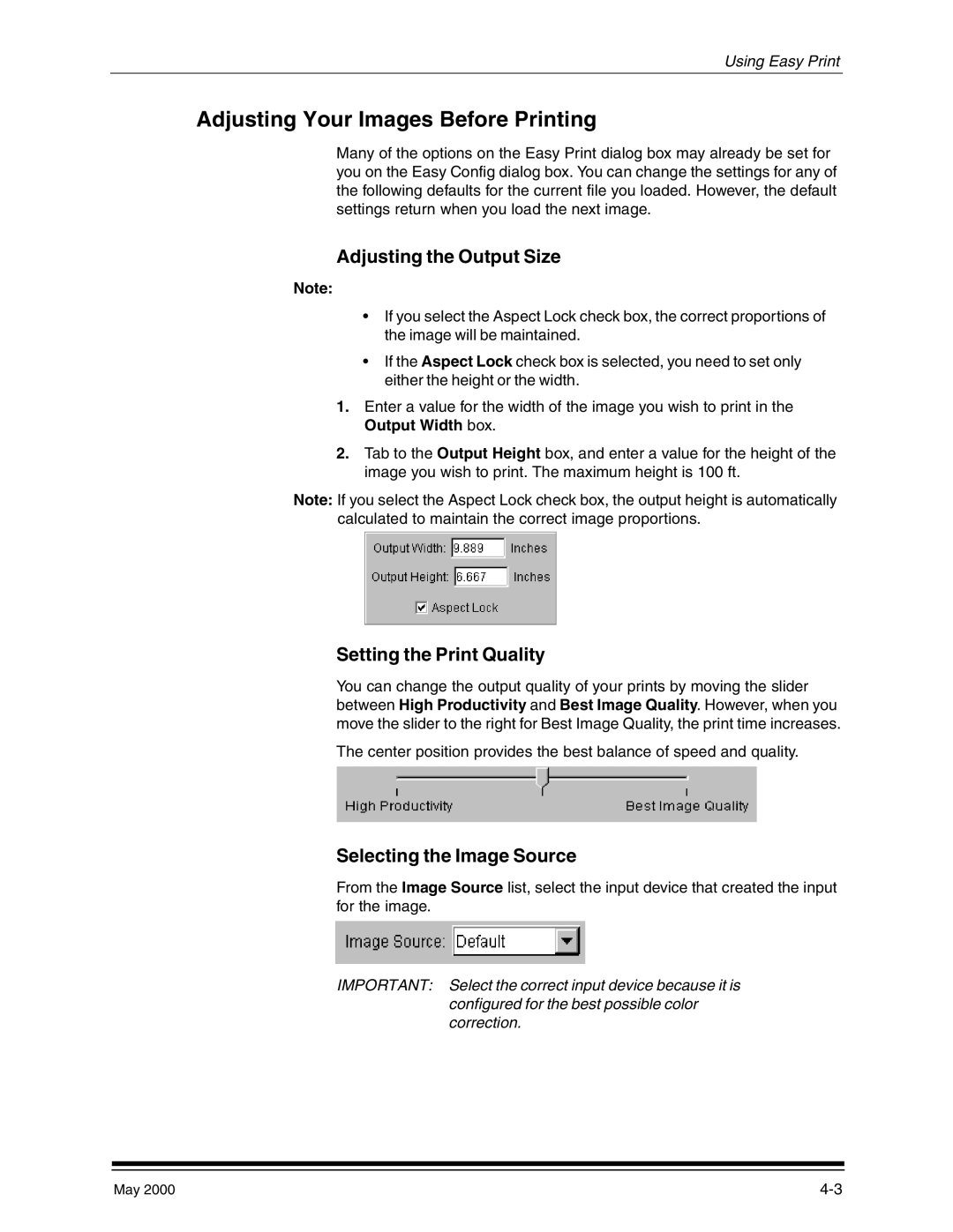 Kodak 3000 manual Adjusting Your Images Before Printing, Adjusting the Output Size, Setting the Print Quality 