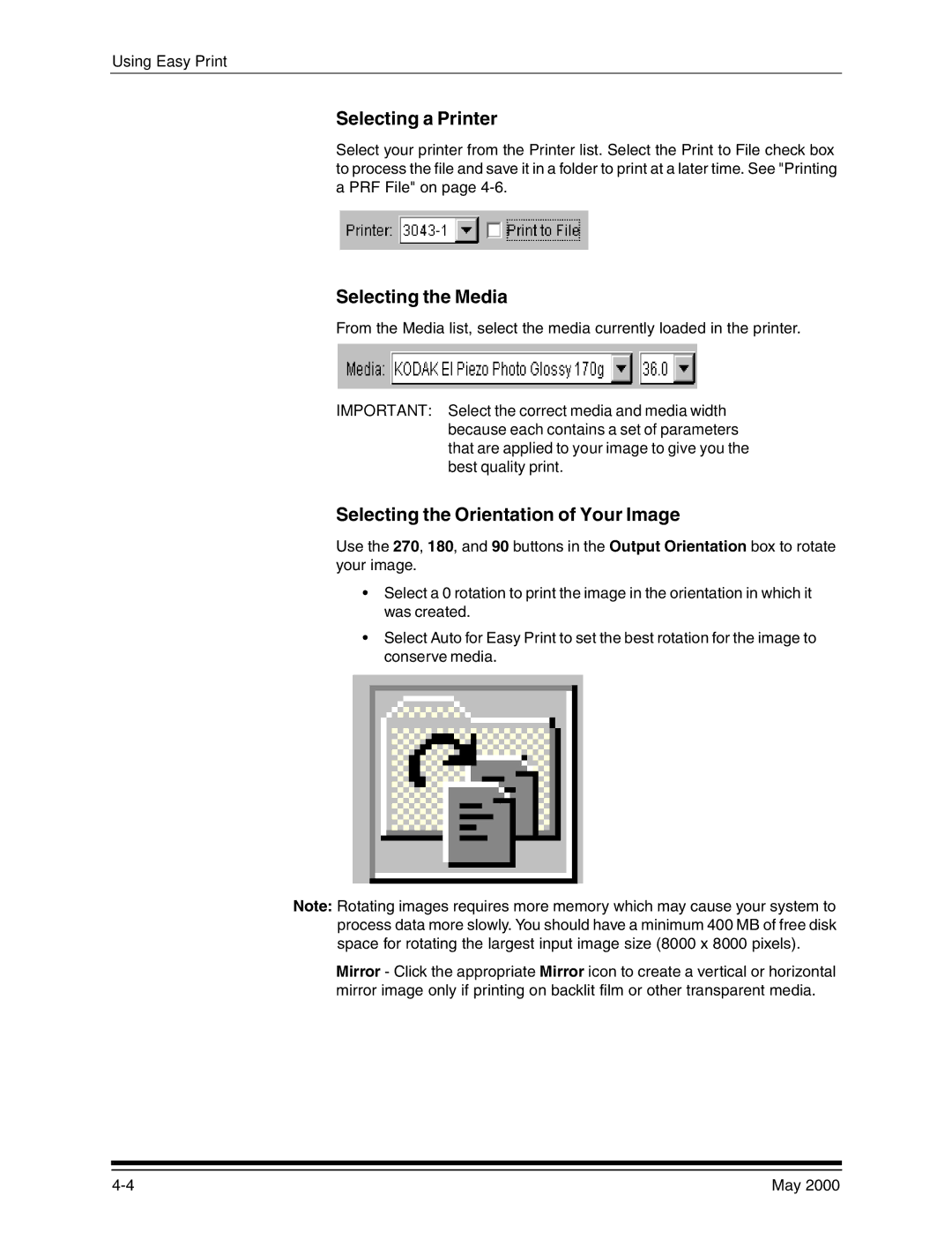 Kodak 3000 manual Selecting a Printer, Selecting the Media, Selecting the Orientation of Your Image 