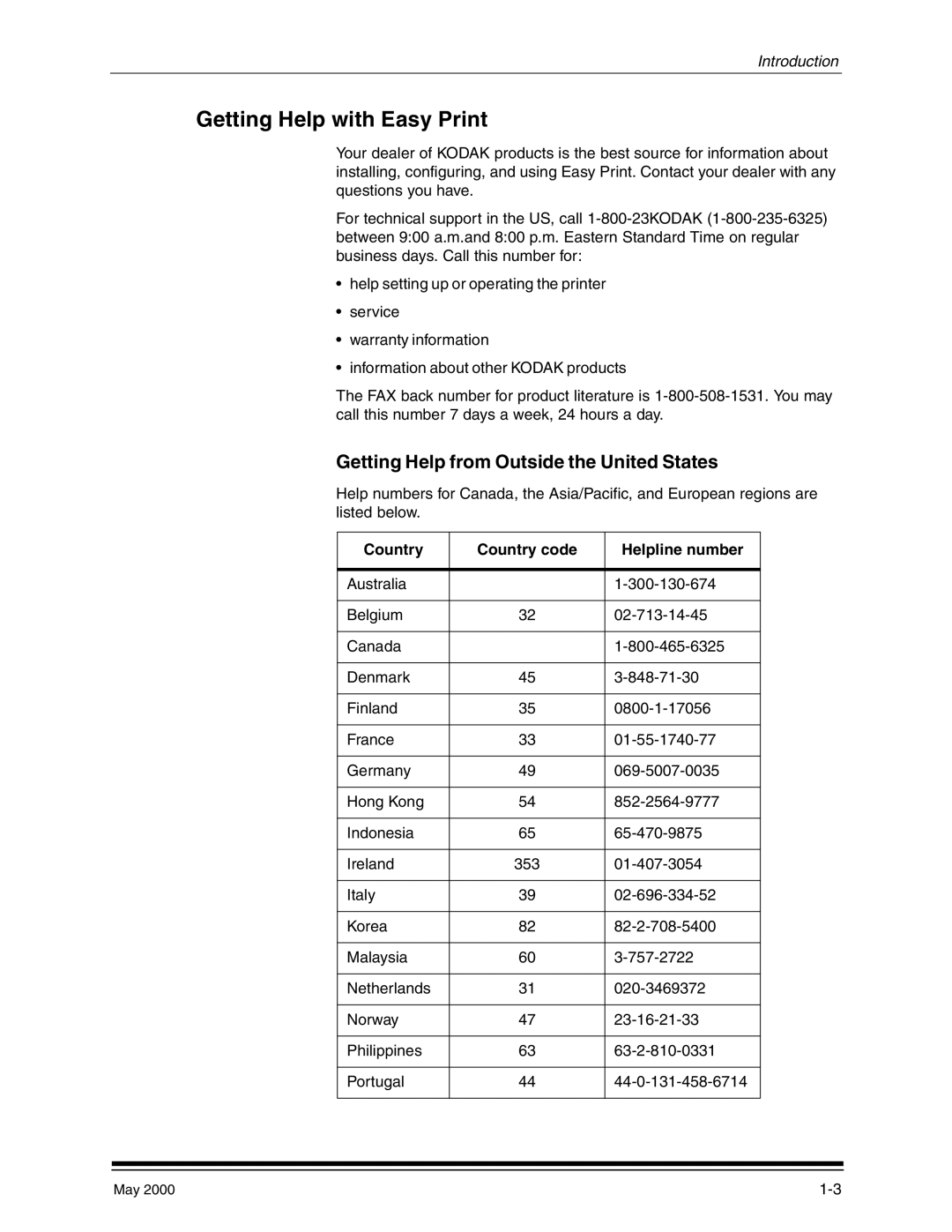 Kodak 3000 manual Getting Help with Easy Print, Getting Help from Outside the United States 
