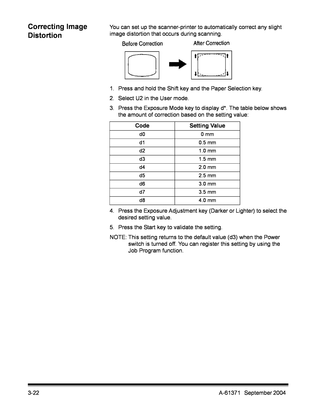 Kodak 3000DSV-E manual Correcting Image Distortion, Code, Setting Value 