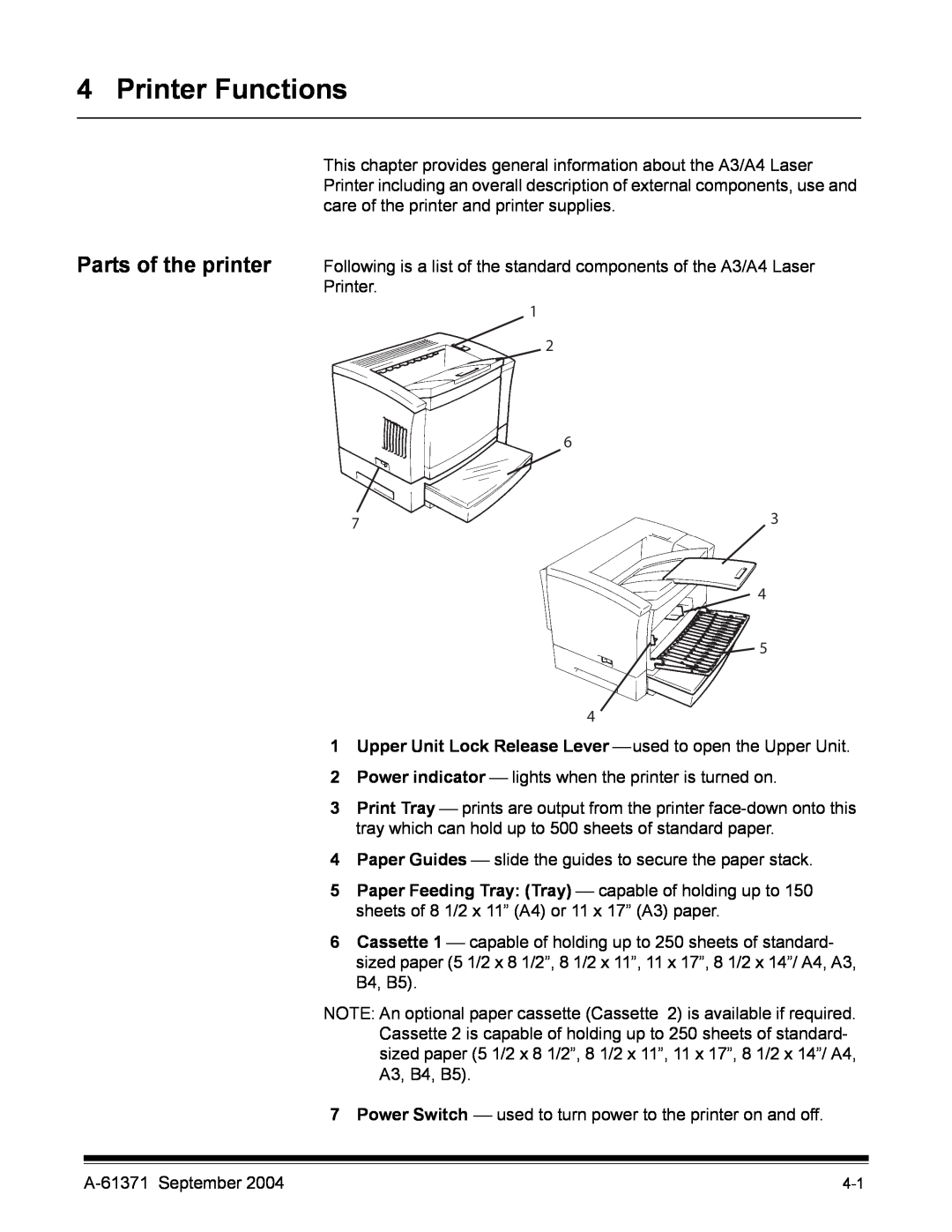 Kodak 3000DSV-E manual Printer Functions, Parts of the printer, Upper Unit Lock Release Lever  used to open the Upper Unit 