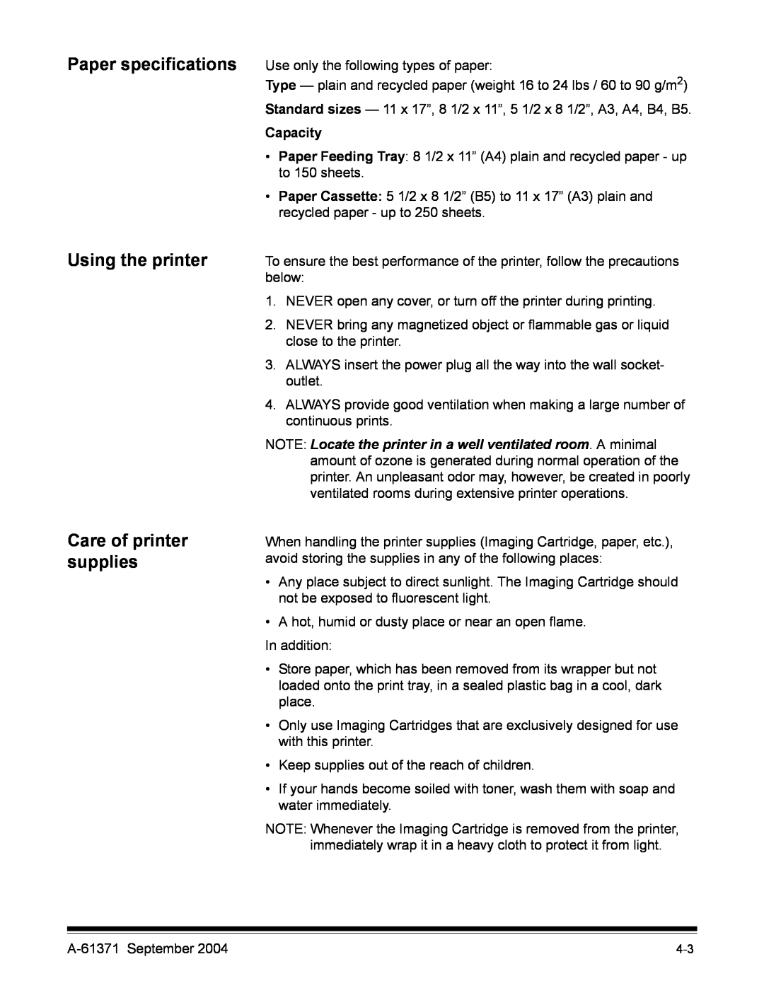 Kodak 3000DSV-E manual Paper specifications Using the printer Care of printer supplies, Capacity 