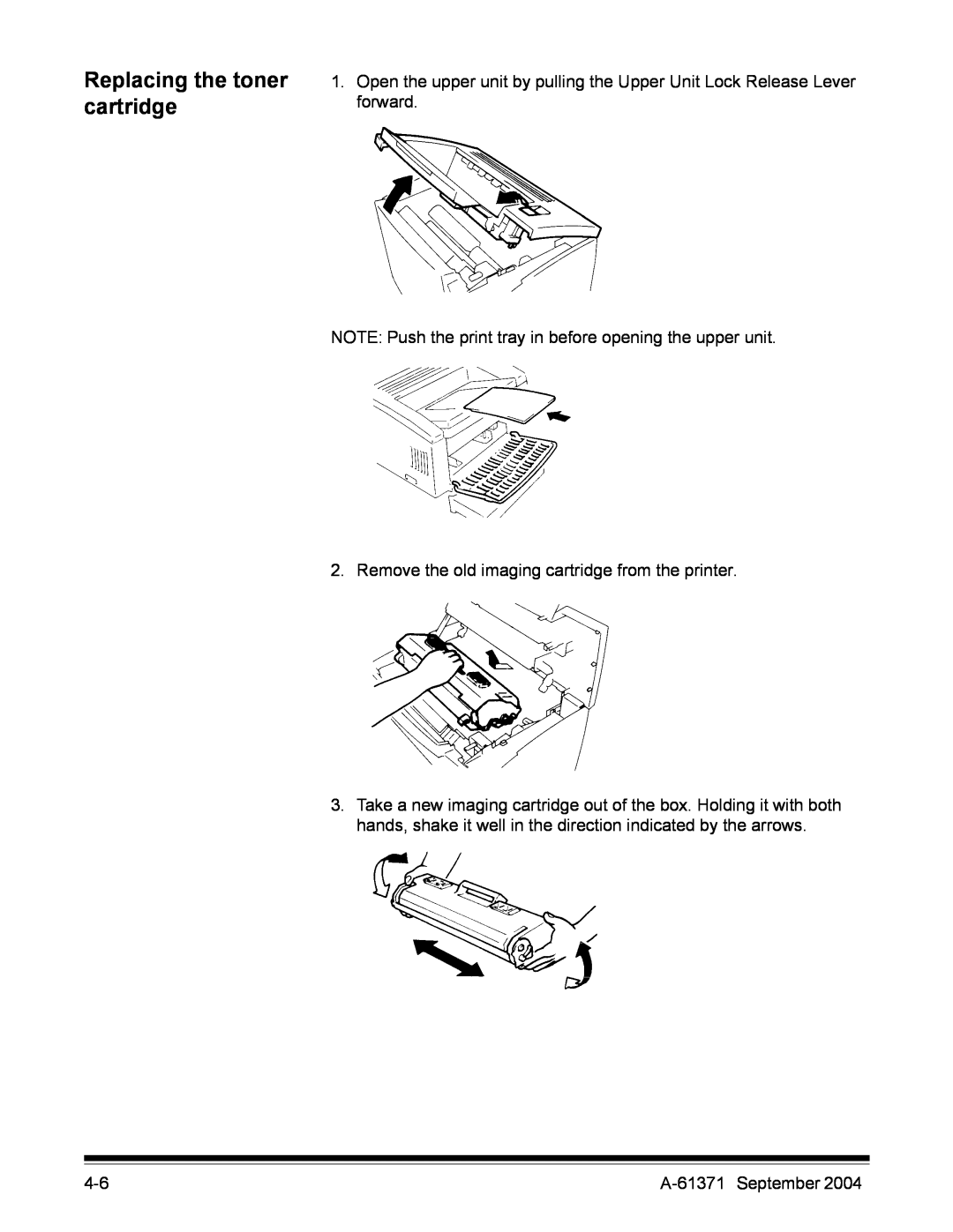 Kodak 3000DSV-E manual Replacing the toner cartridge, NOTE Push the print tray in before opening the upper unit 