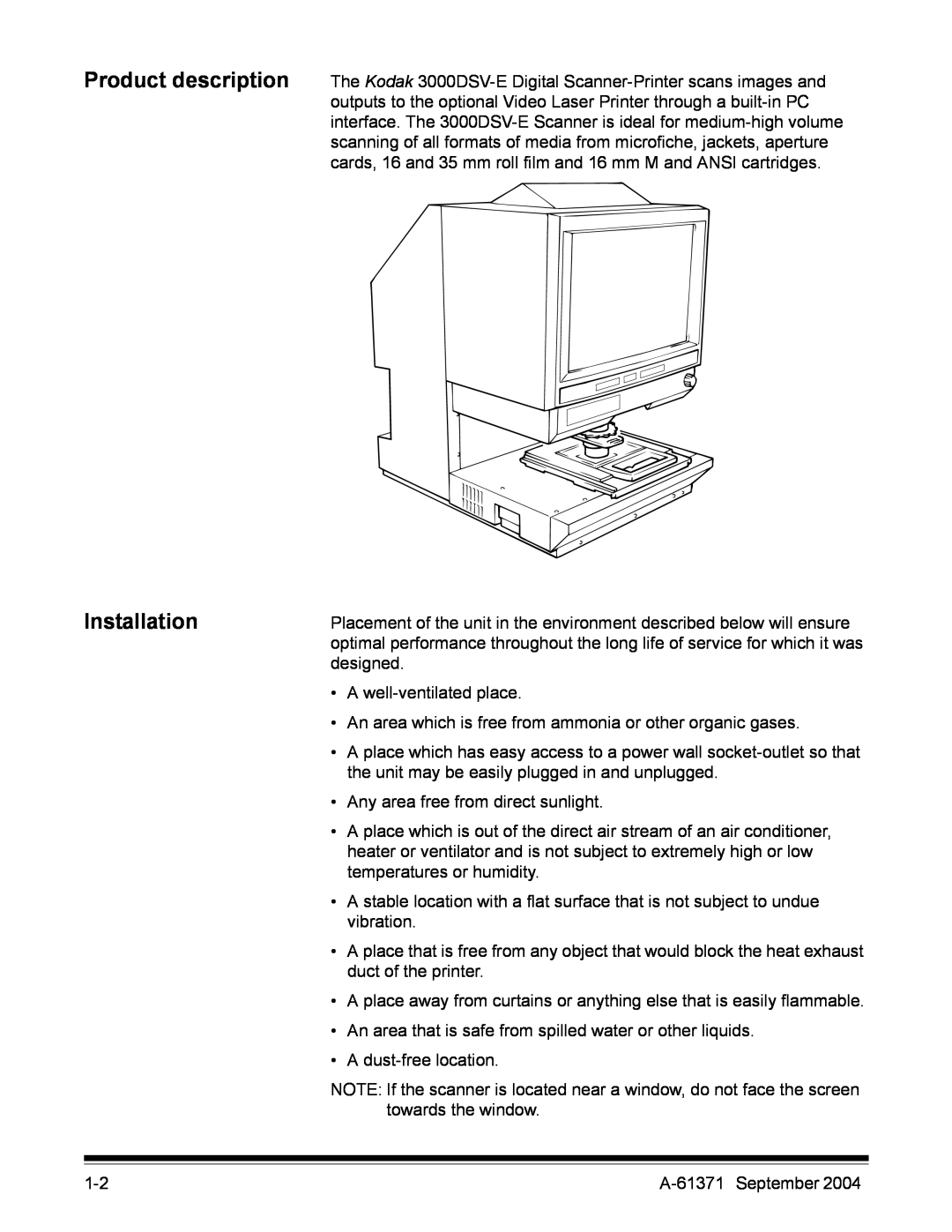 Kodak 3000DSV-E manual Product description Installation 