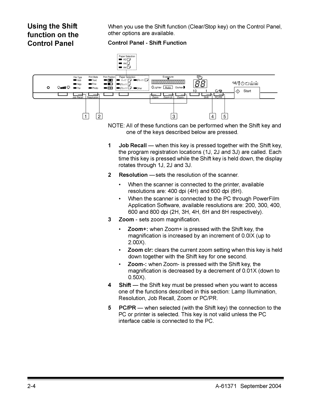 Kodak 3000DSV-E manual Using the Shift function on the Control Panel, Control Panel Shift Function 