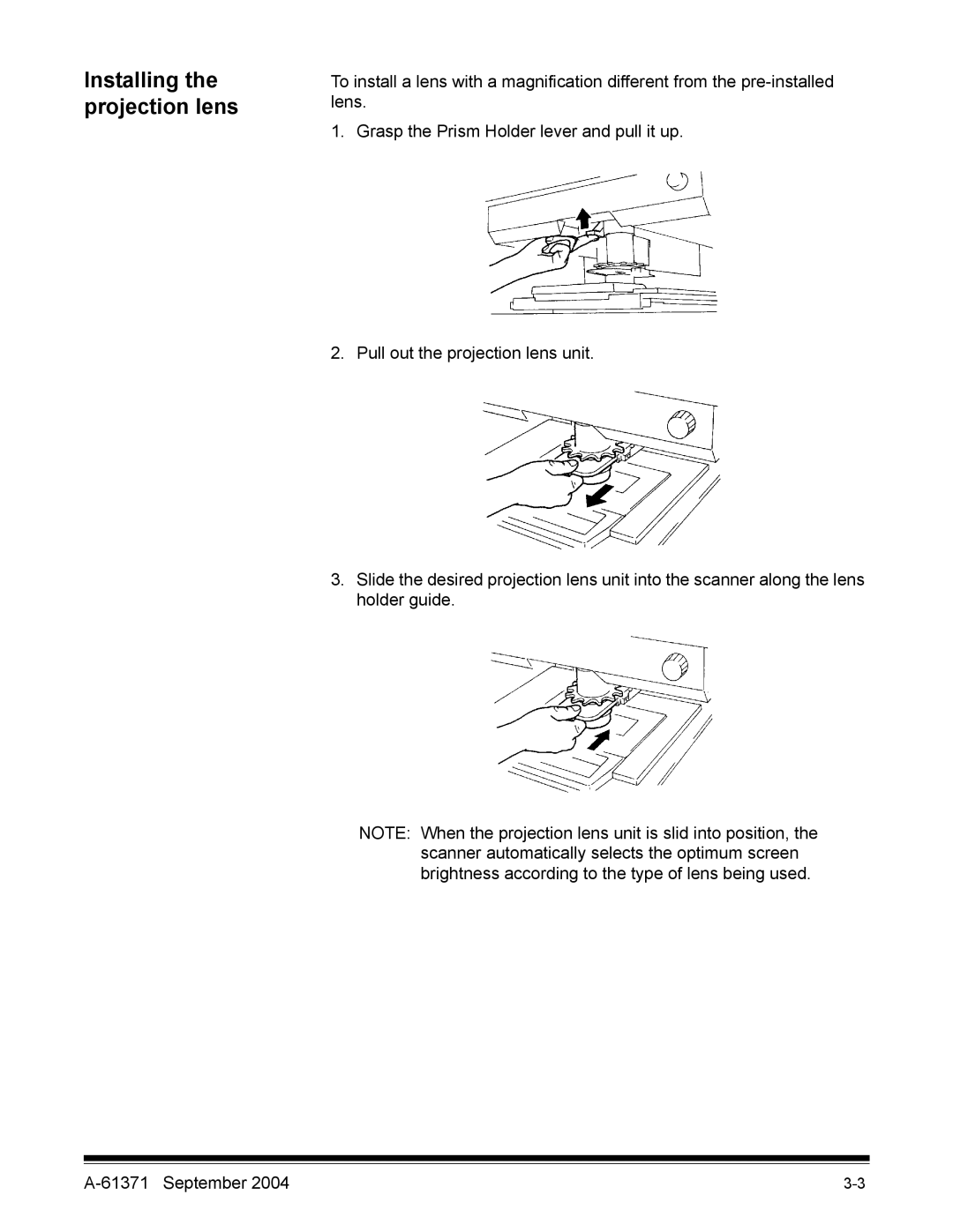 Kodak 3000DSV-E manual Installing the projection lens 