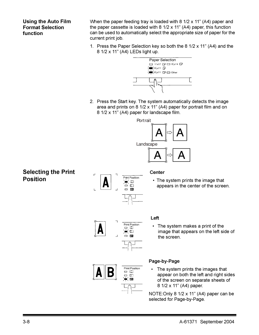 Kodak 3000DSV-E manual Selecting the Print Position, Center, Left, Page-by-Page 