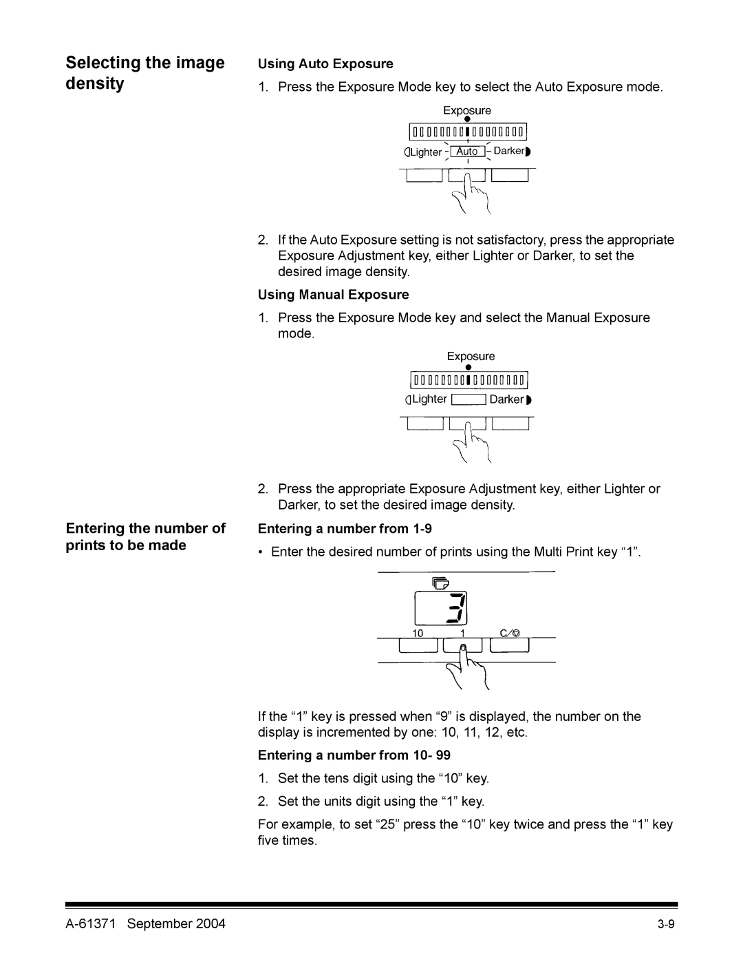 Kodak 3000DSV-E manual Selecting the image density, Using Auto Exposure, Using Manual Exposure, Entering a number from 