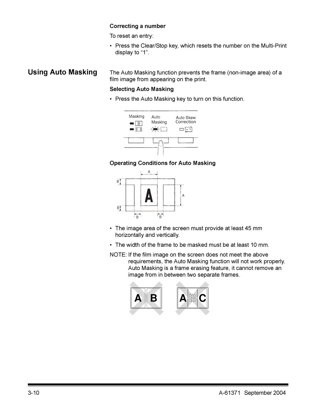 Kodak 3000DSV-E manual Correcting a number, Selecting Auto Masking, Operating Conditions for Auto Masking 