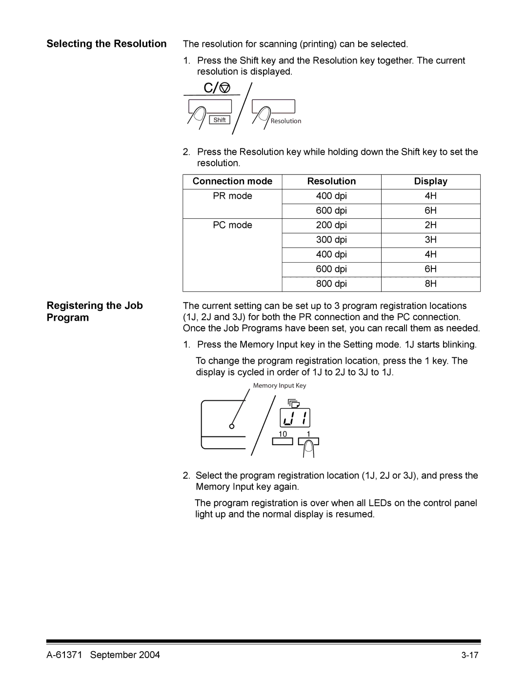 Kodak 3000DSV-E manual Registering the Job Program, Connection mode Resolution Display 