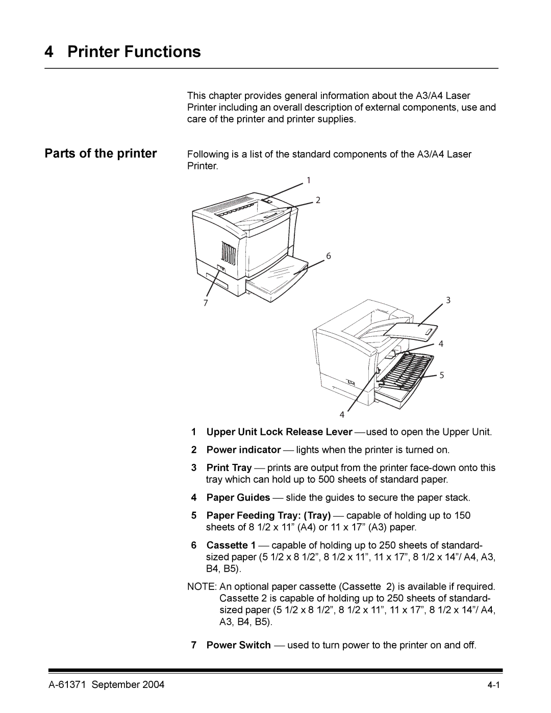 Kodak 3000DSV-E manual Printer Functions, Parts of the printer, Upper Unit Lock Release Lever  used to open the Upper Unit 