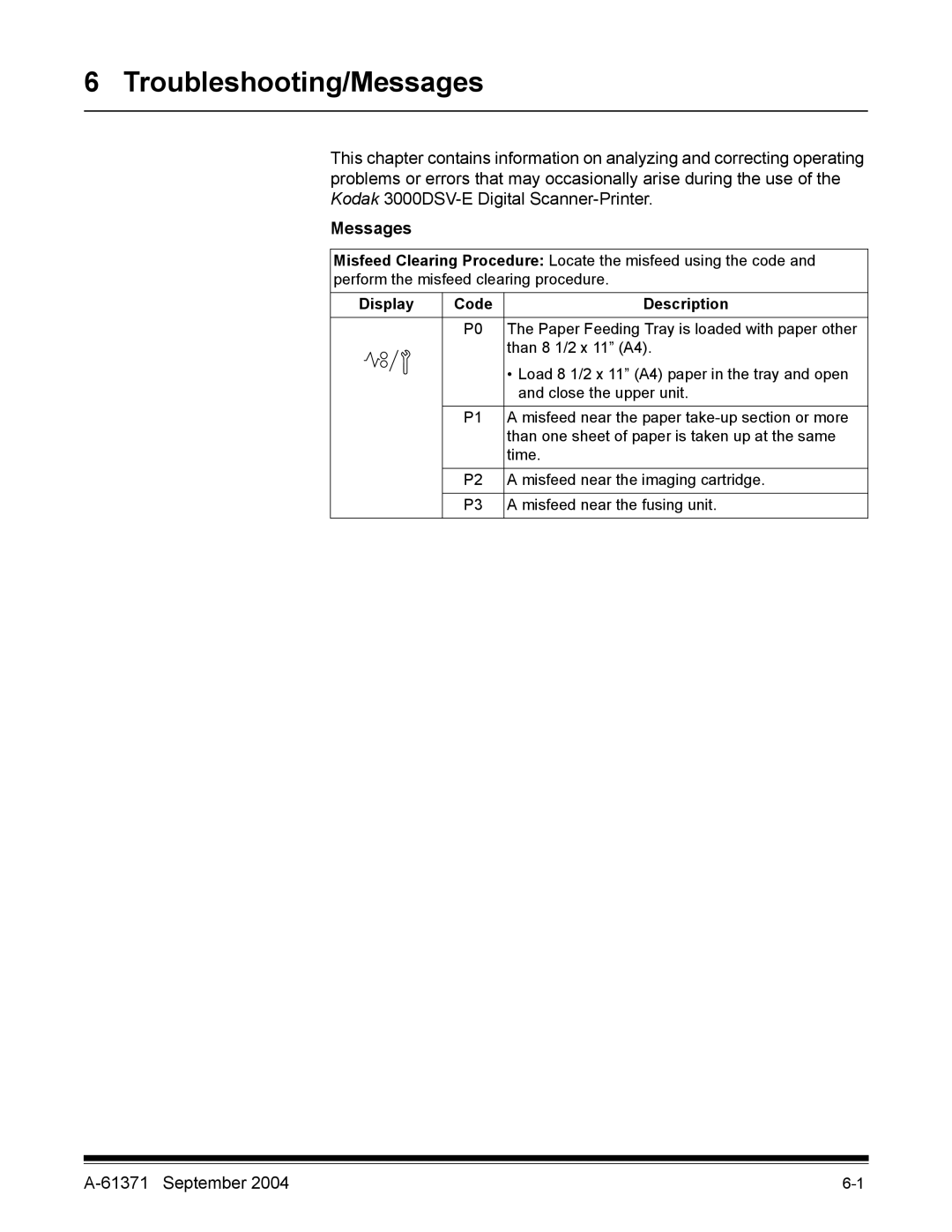 Kodak 3000DSV-E manual Troubleshooting/Messages, Display Code Description 