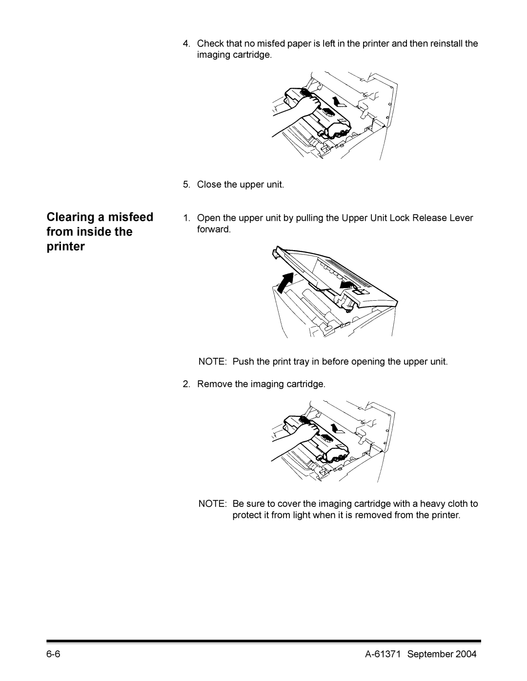 Kodak 3000DSV-E manual Clearing a misfeed from inside the printer 