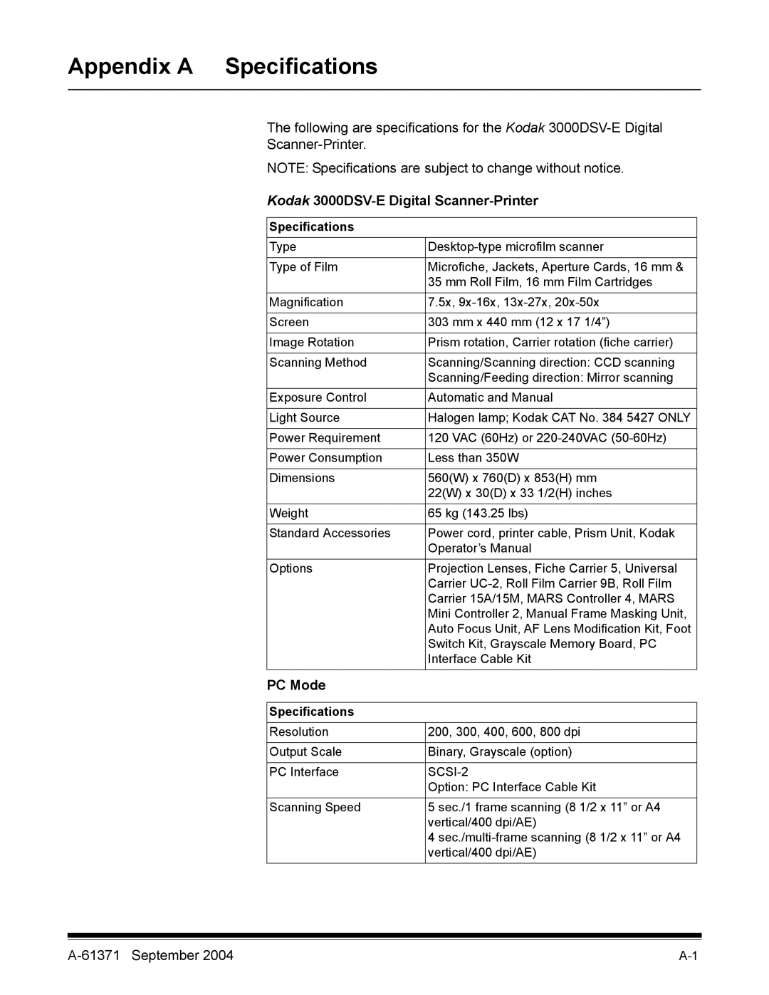 Kodak manual Appendix a Specifications, Kodak 3000DSV-E Digital Scanner-Printer, PC Mode 