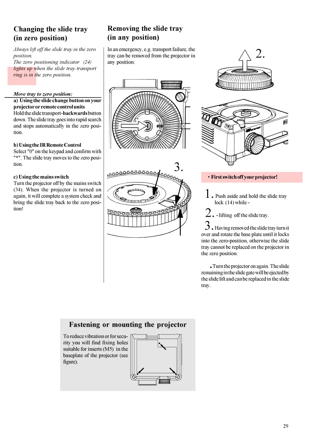 Kodak 3020 Removing the slide tray in any position, Fastening or mounting the projector, Move tray to zero position 