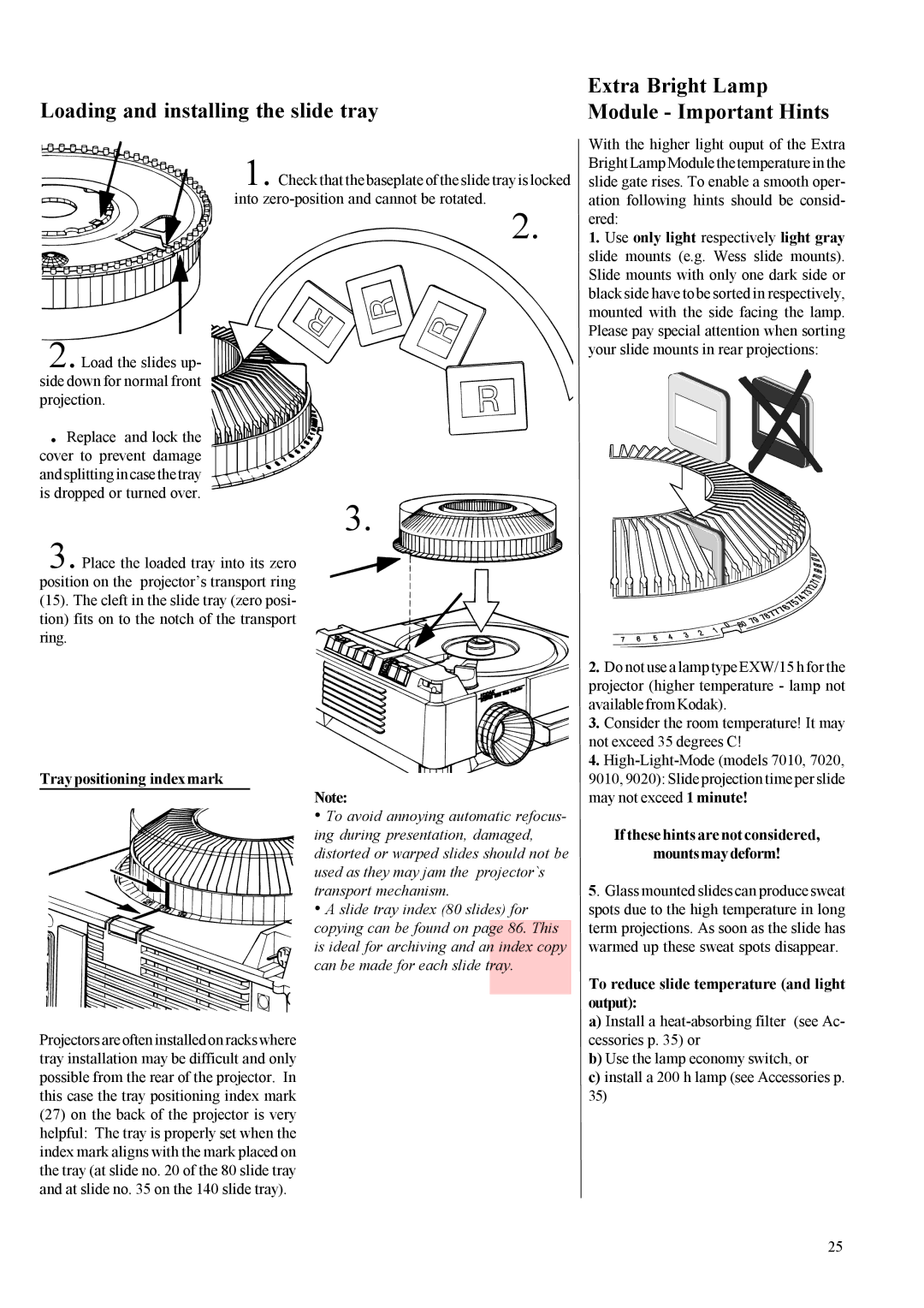 Kodak 3020 instruction manual Extra Bright Lamp, Loading and installing the slide tray, Tray positioning index mark 