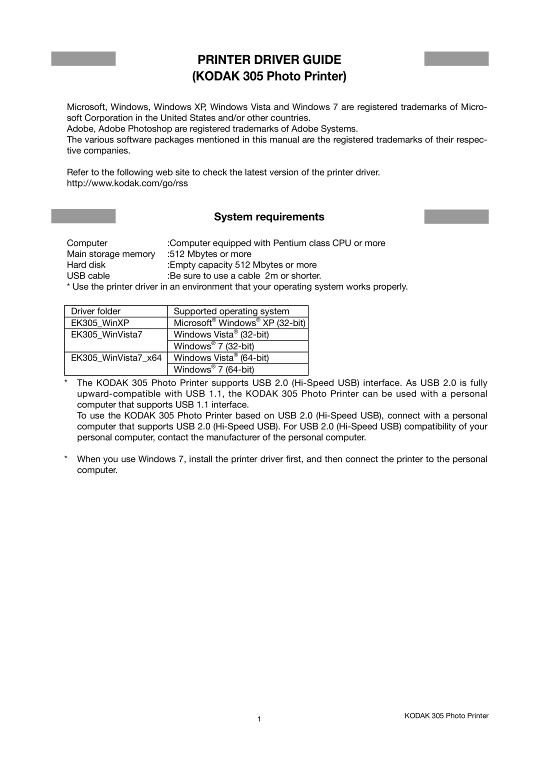 Kodak manual Printer Driver Guide Kodak 305 Photo Printer, System requirements 