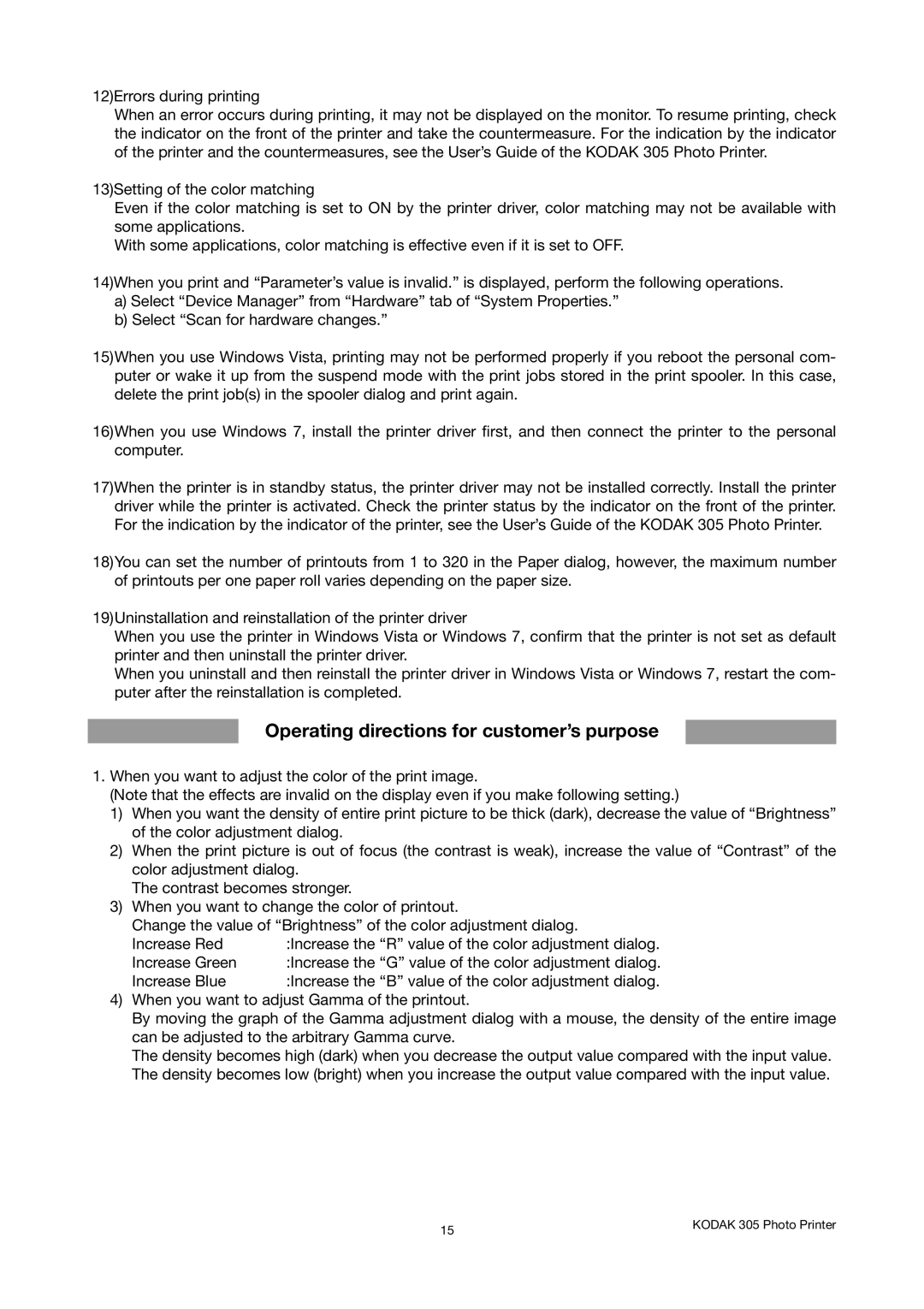 Kodak 305 manual Operating directions for customer’s purpose 