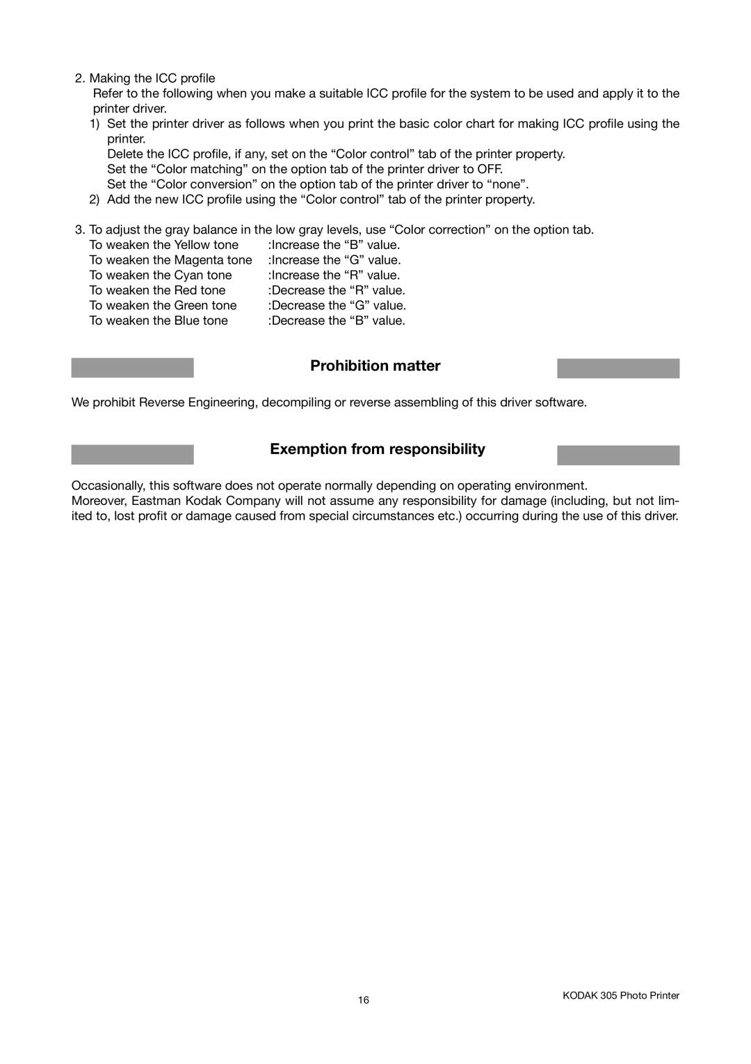 Kodak 305 manual Prohibition matter, Exemption from responsibility 