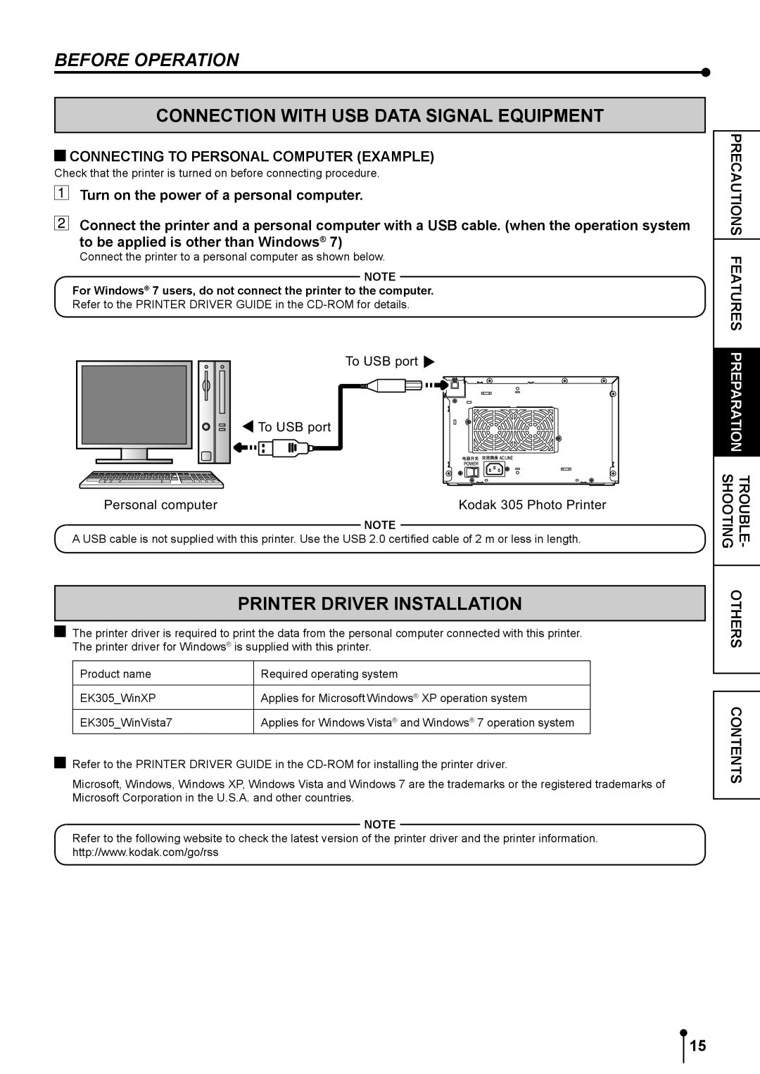 Kodak 305 Connection with USB Data Signal Equipment, Printer Driver Installation, Connecting to Personal Computer Example 