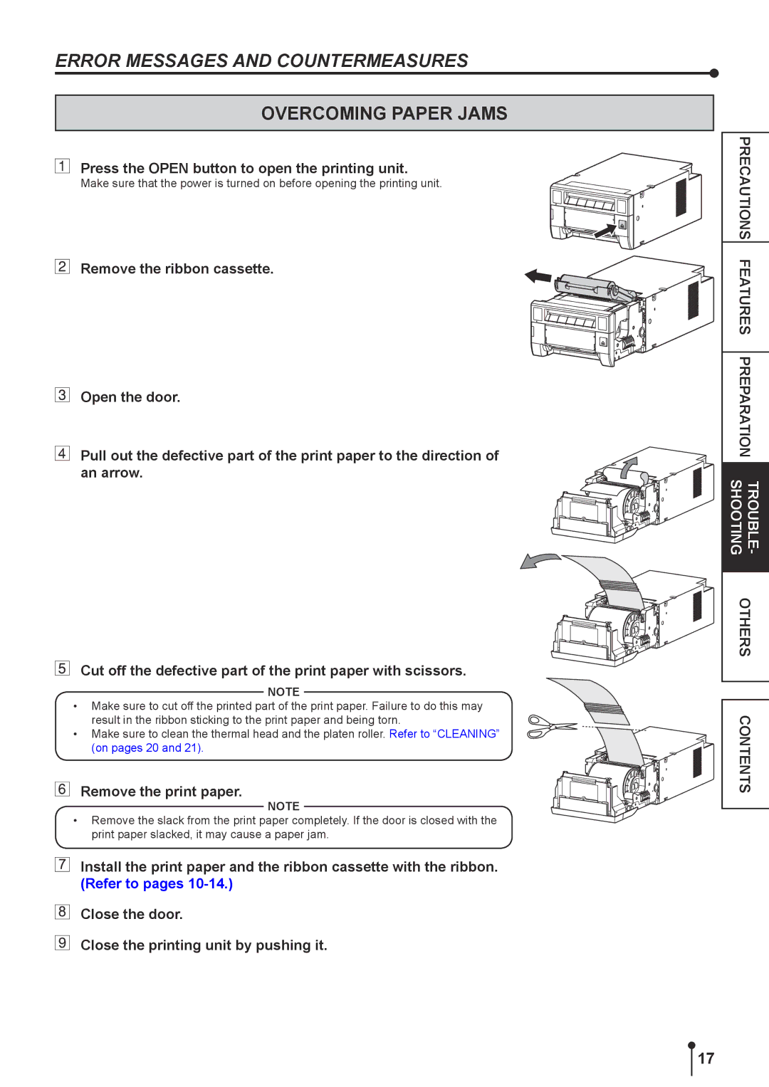 Kodak 305 manual Error Messages and Countermeasures, Overcoming Paper Jams, Press the Open button to open the printing unit 