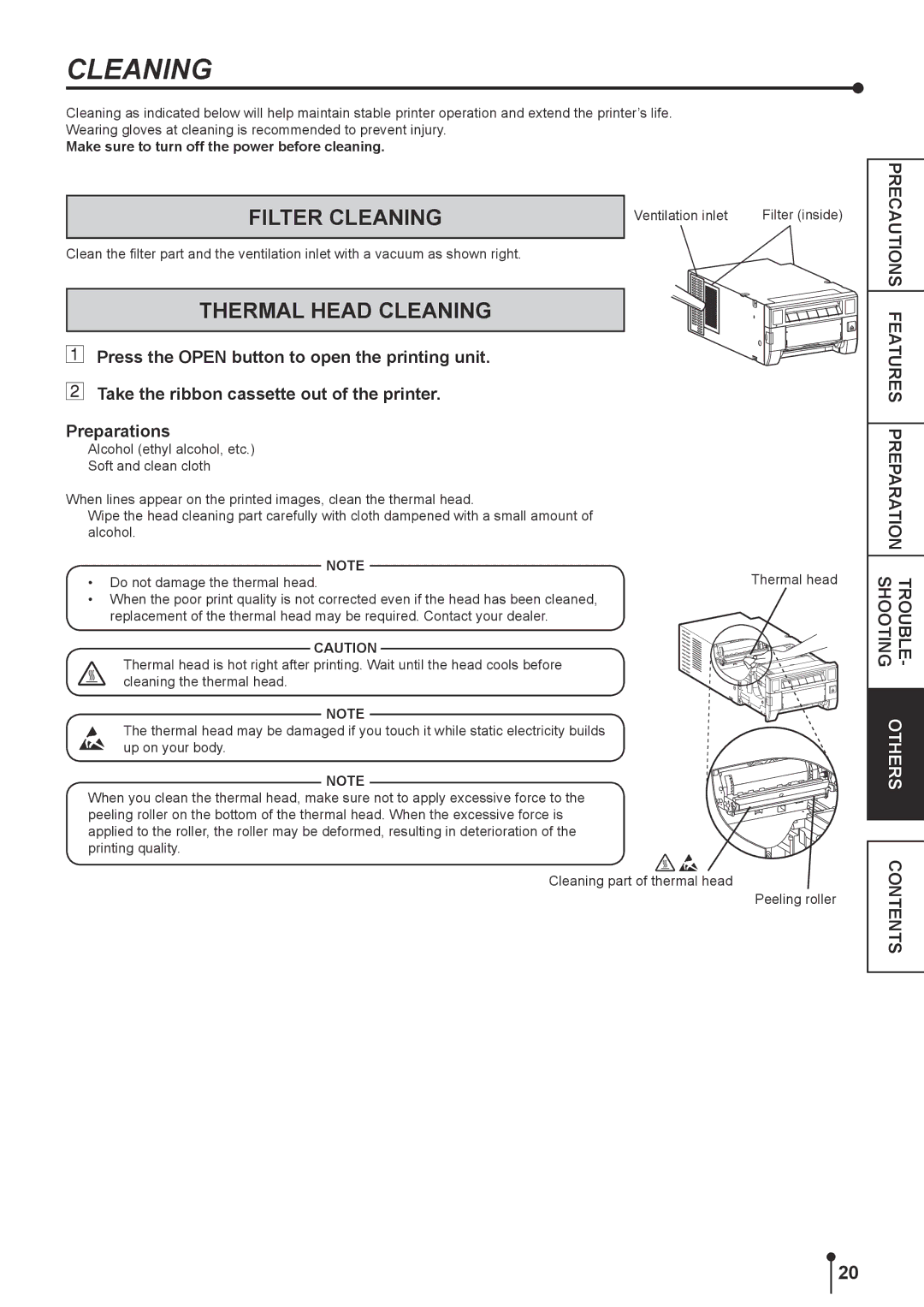 Kodak 305 Filter Cleaning, Thermal Head Cleaning, Precautions Features Preparation, TROUBLE-SHOOTING Others Contents 