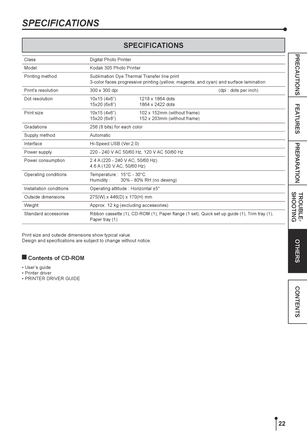 Kodak 305 manual Specifications, Contents of CD-ROM 