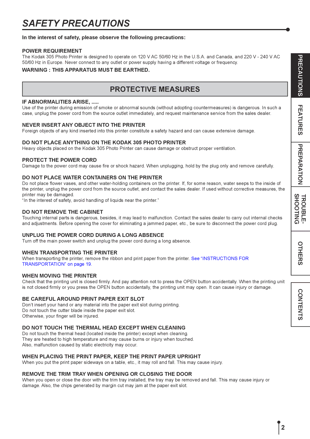 Kodak 305 manual Safety Precautions, Protective Measures 