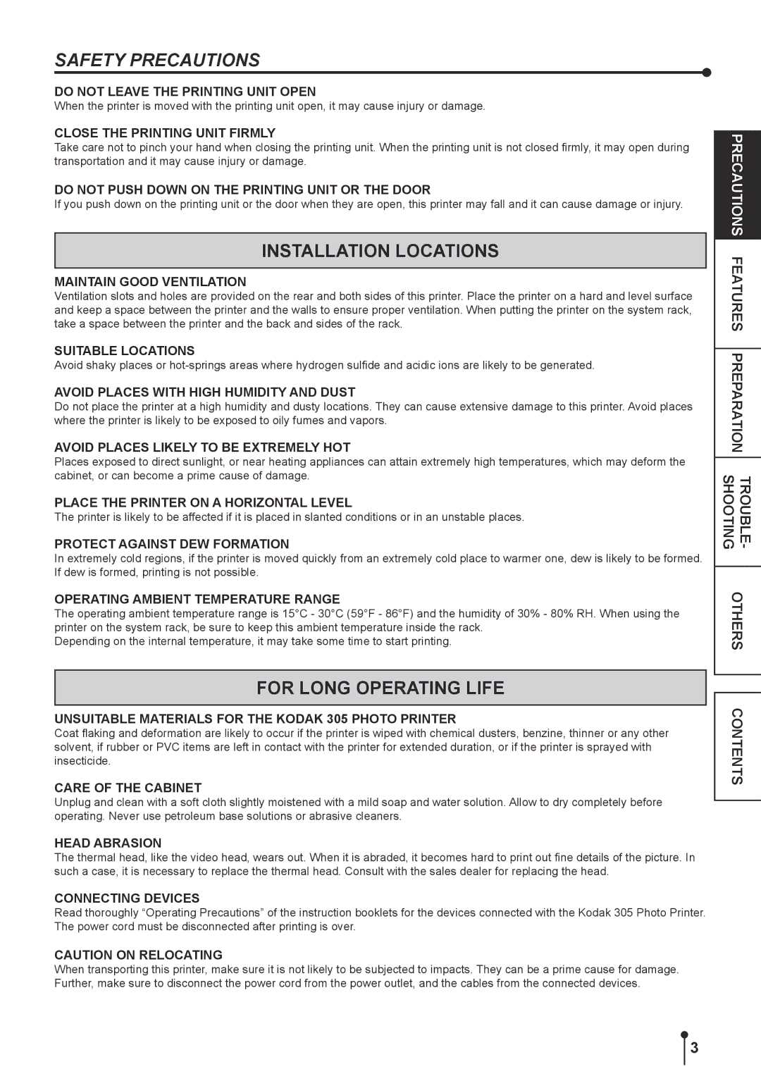 Kodak 305 manual Safety Precautions, Installation Locations, For Long Operating Life 