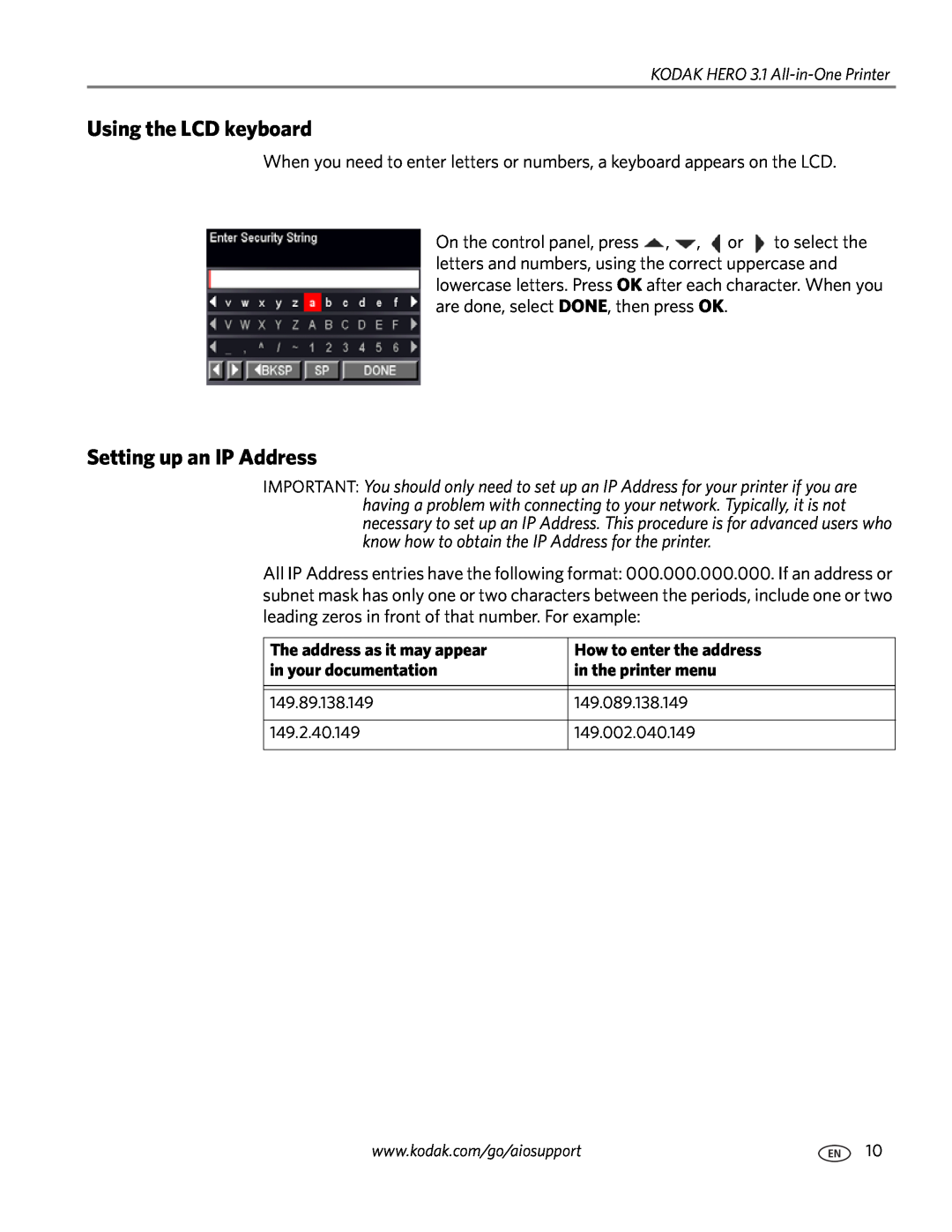 Kodak 3.1 manual Using the LCD keyboard, Setting up an IP Address, The address as it may appear in your documentation 