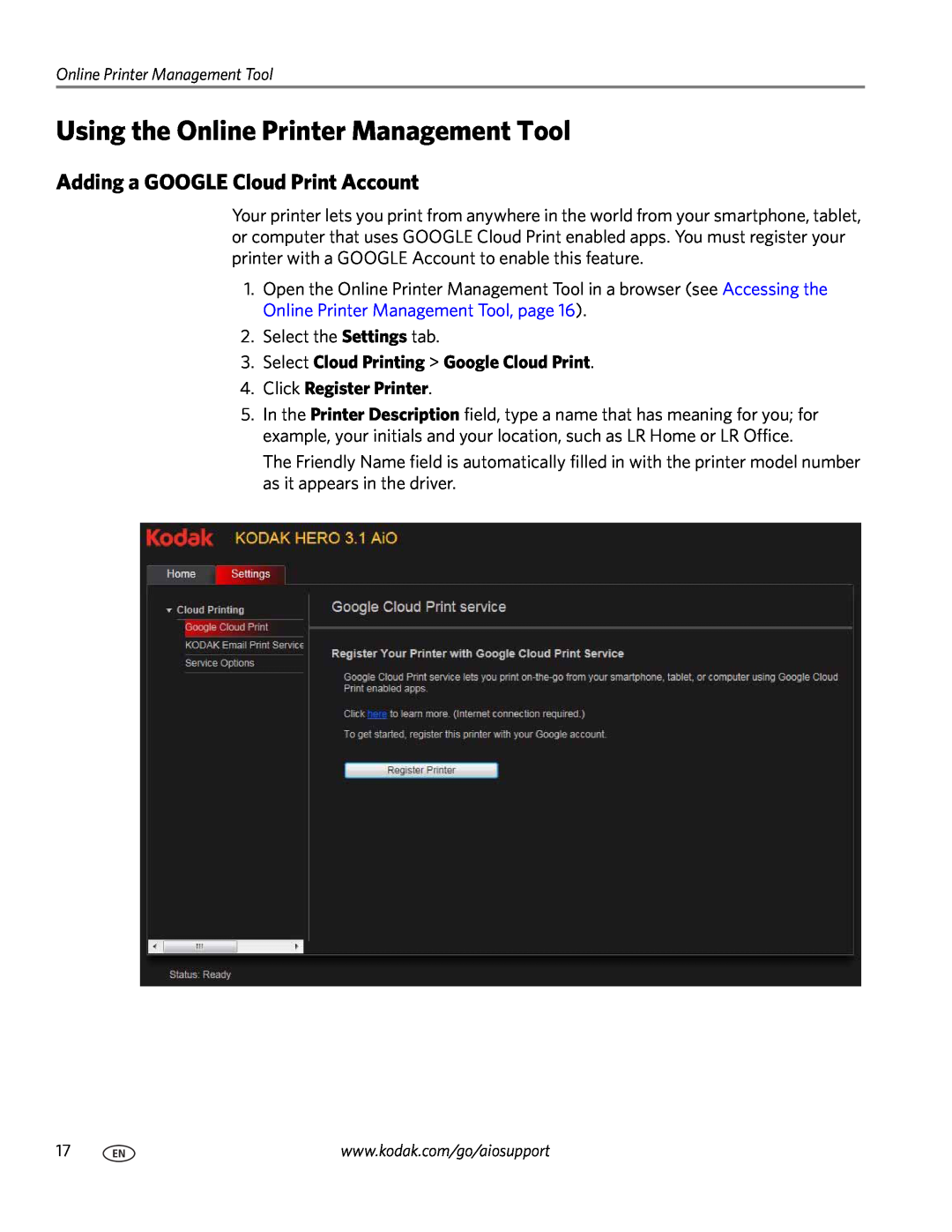 Kodak 3.1 manual Using the Online Printer Management Tool, Adding a GOOGLE Cloud Print Account, Click Register Printer 