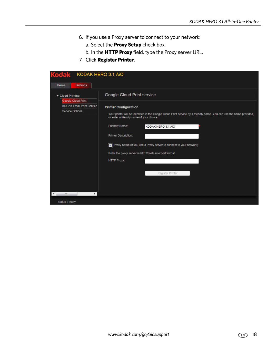 Kodak 3.1 manual Click Register Printer, If you use a Proxy server to connect to your network 