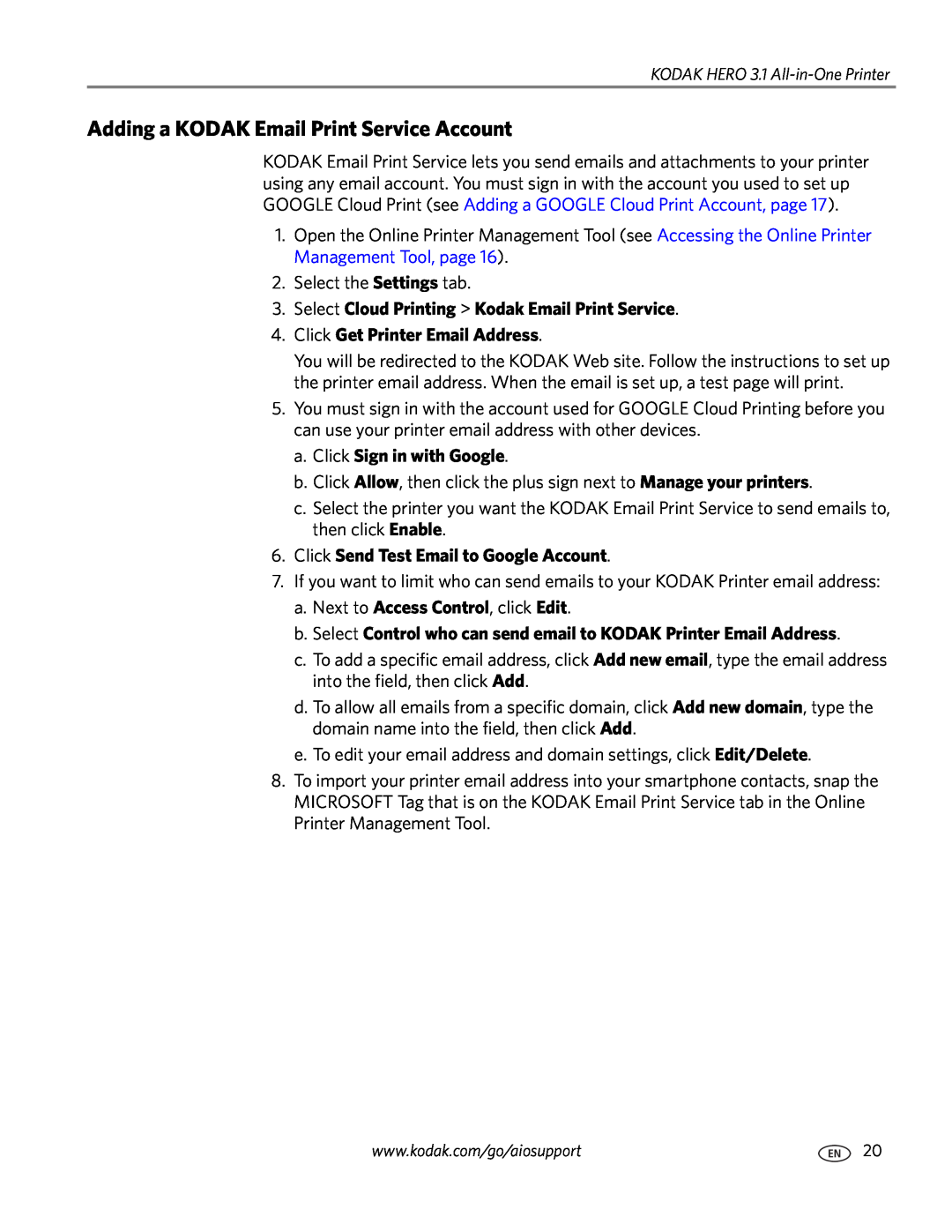 Kodak 3.1 manual Adding a KODAK Email Print Service Account, Select Cloud Printing Kodak Email Print Service 