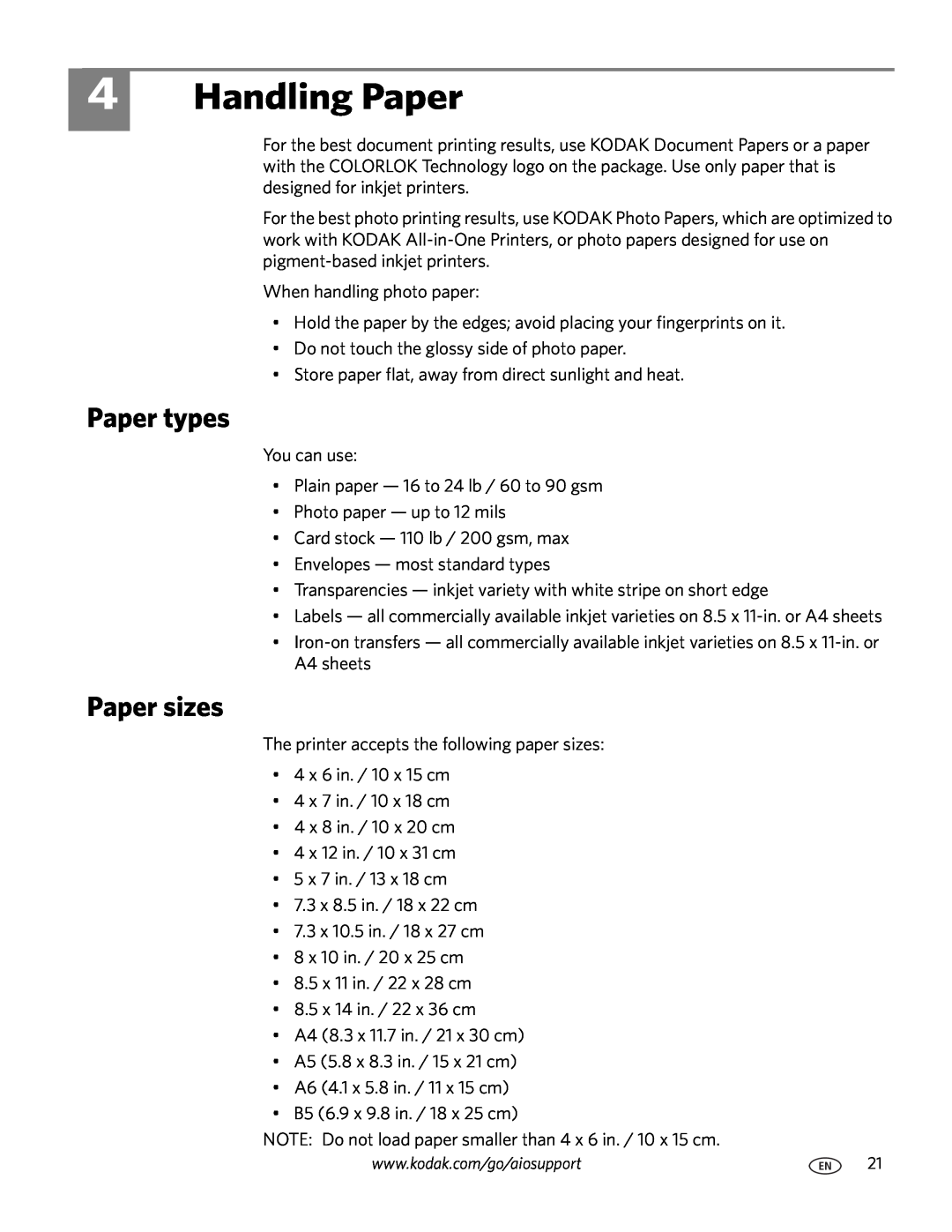 Kodak 3.1 manual Handling Paper, Paper types, Paper sizes 