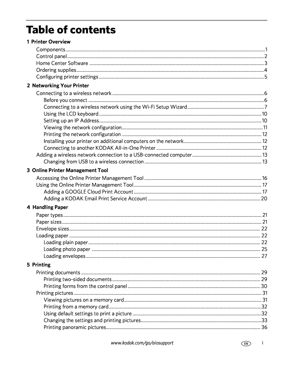 Kodak 3.1 Table of contents, Printer Overview, Networking Your Printer, Online Printer Management Tool, Handling Paper 