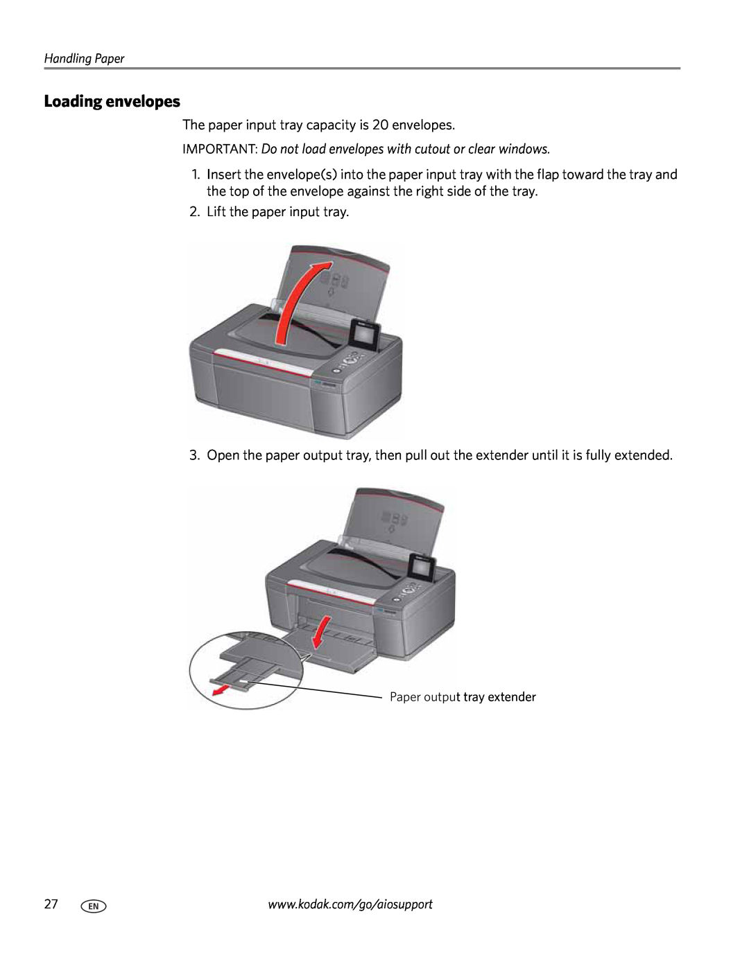 Kodak 3.1 manual Loading envelopes, IMPORTANT Do not load envelopes with cutout or clear windows 
