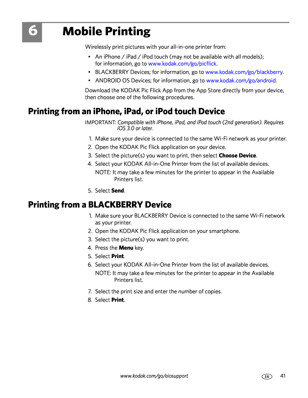 Kodak 3.1 manual Mobile Printing, Printing from an iPhone, iPad, or iPod touch Device, Printing from a BLACKBERRY Device 
