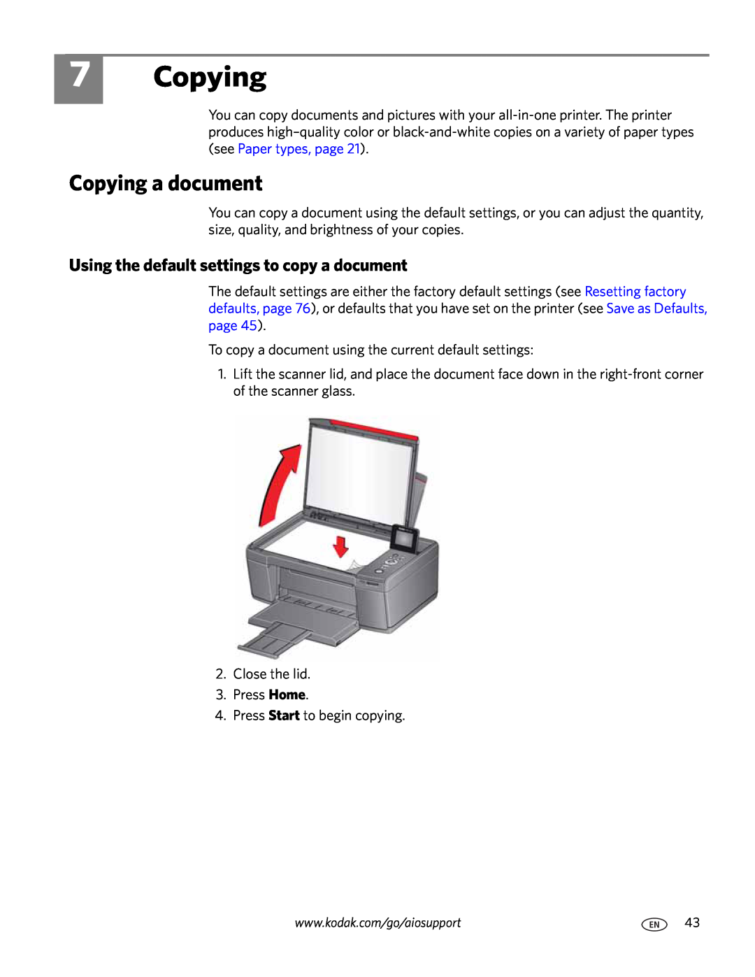 Kodak 3.1 manual Copying a document, Using the default settings to copy a document 