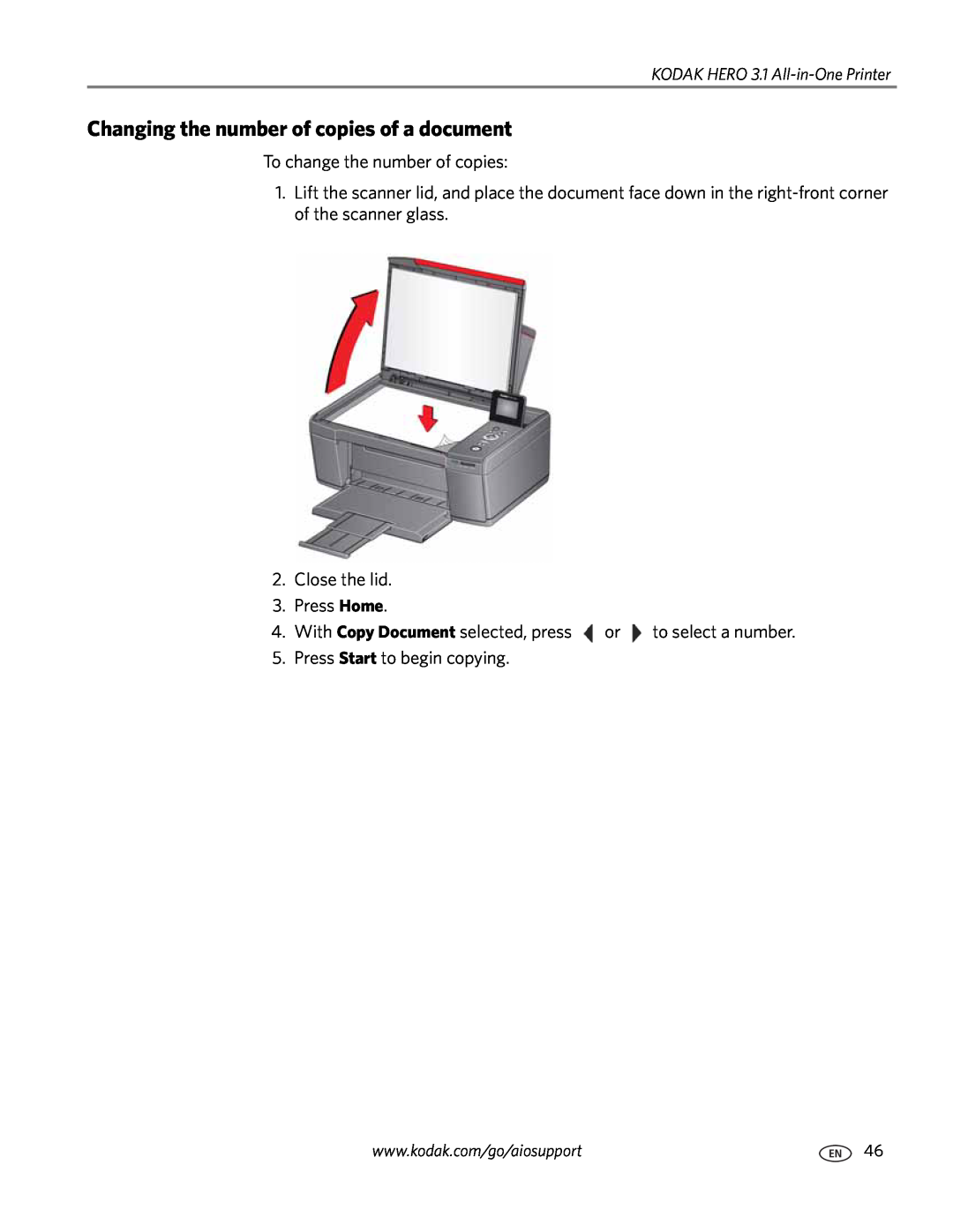 Kodak 3.1 manual Changing the number of copies of a document, To change the number of copies, Close the lid 3. Press Home 
