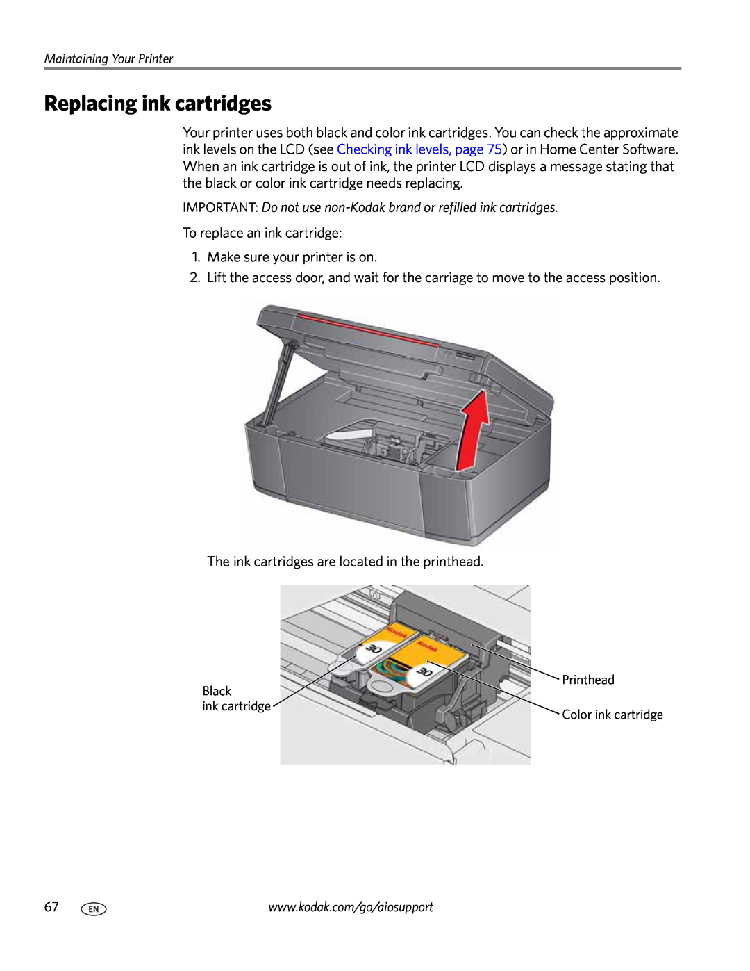 Kodak 3.1 manual Replacing ink cartridges, IMPORTANT Do not use non-Kodak brand or refilled ink cartridges 