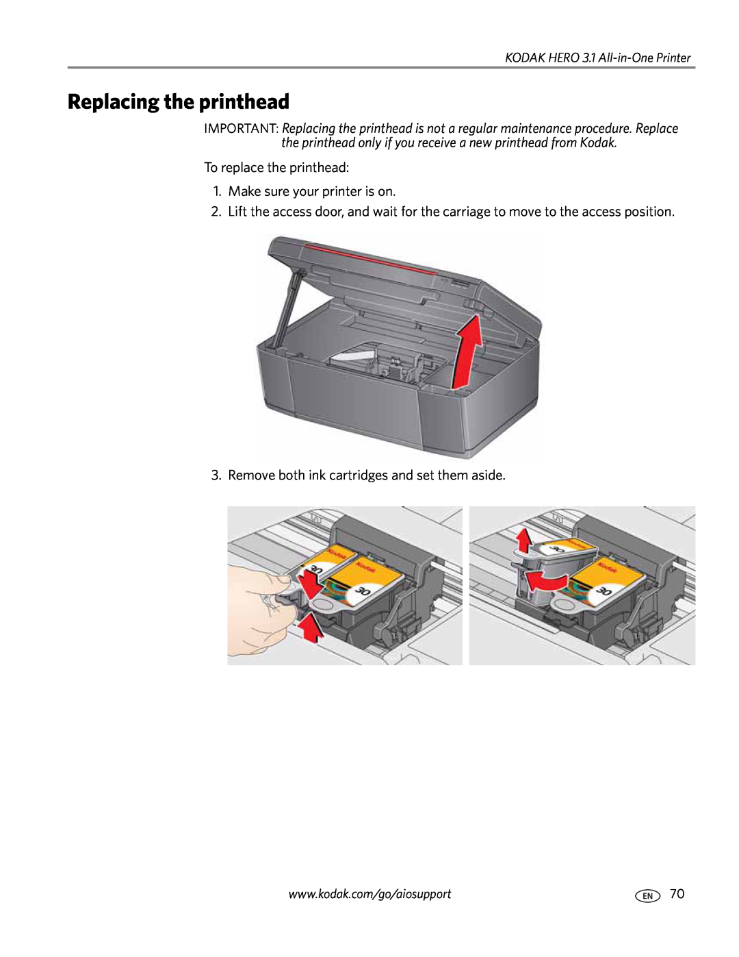 Kodak 3.1 manual Replacing the printhead 