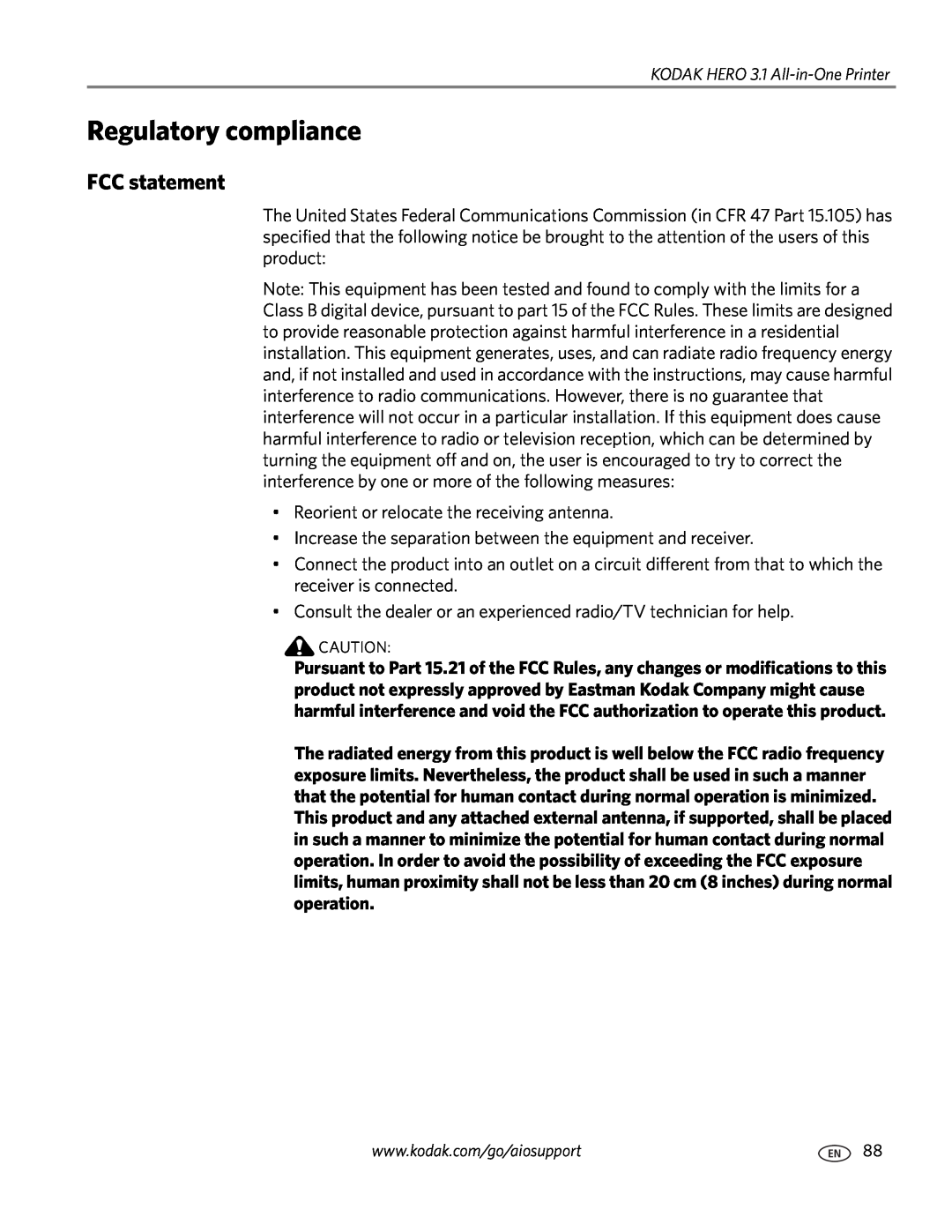 Kodak 3.1 manual Regulatory compliance, FCC statement 