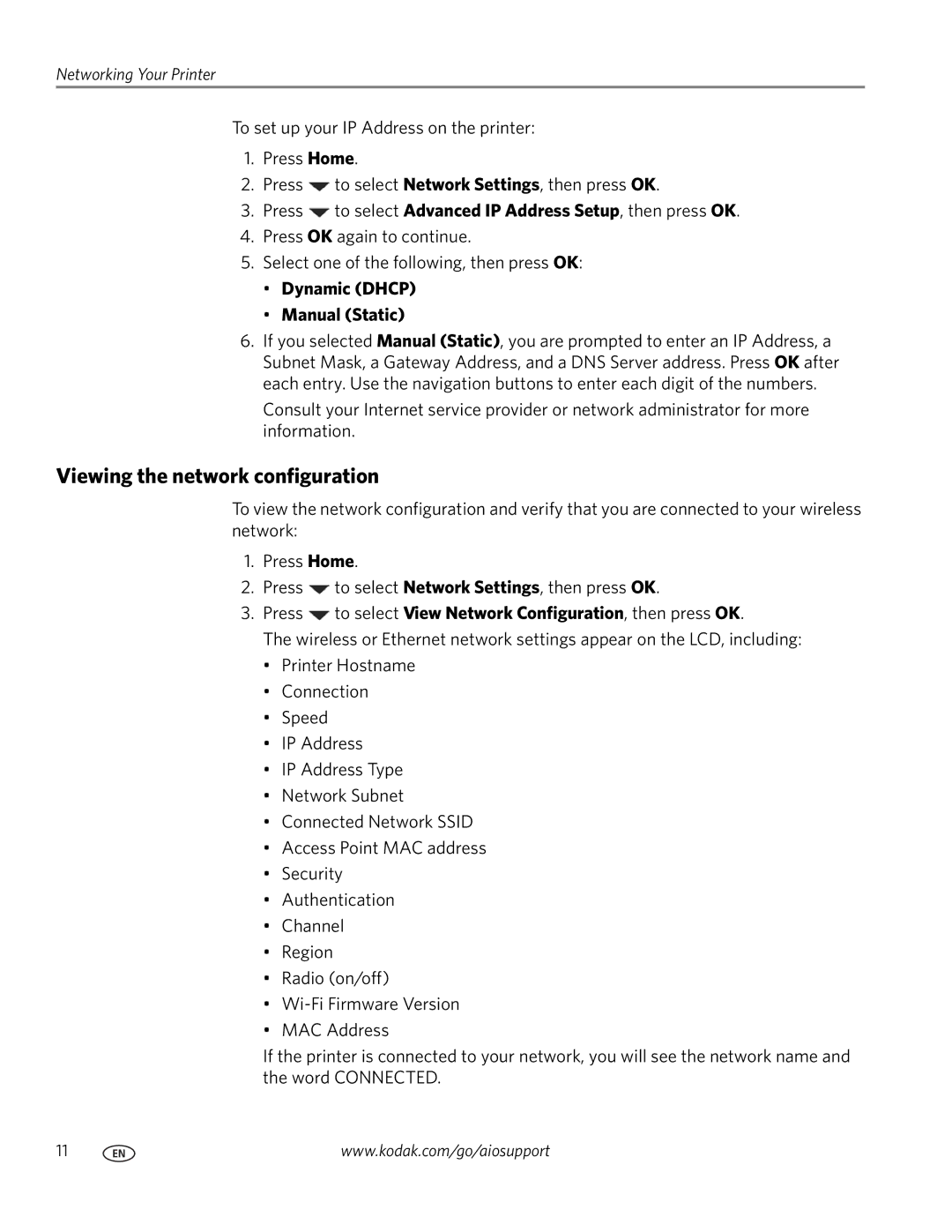 Kodak 3.1 manual Viewing the network configuration, Dynamic Dhcp Manual Static 